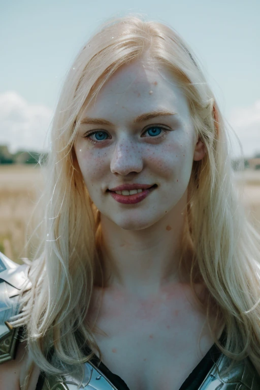 Ultra realistic photography of dbwl woman with many huge beauty marks on her natural pale white skin  ,    (medium shot:1.3) ,  (full body portrait:1.1), 
 (SFW),  (((wearing crystal [knight] armor) )), glowing, sparkle, upper arms,  ((in frame)),  chest,

 ((fighting stance)),   natural (  pale light blonde eyelashes) , blue eyes, medieval background,
 detailed Natural pale white skin  with (many huge round beauty marks) , smile, light pale blonde eyebrows,
 happy, clean cheeks,
detailed, natural light blonde,  outdoors, sunny, high resolution, photograph, RAW photo, crystal4rmor, [[sexy]]