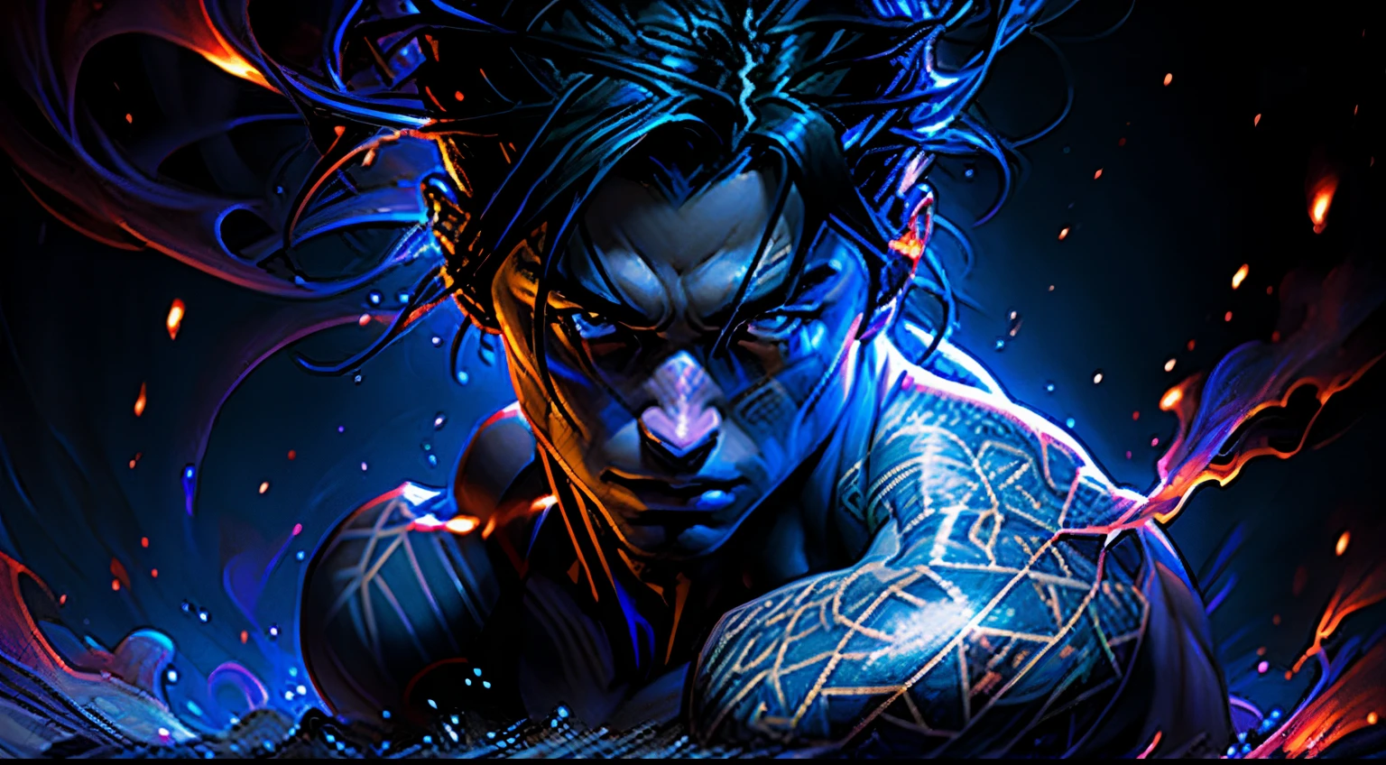 (Magic game style), deep blues, darker nipple, (A male character), 电影灯光, hyper HD, super detailing, Best quality at best, A high resolution, high qulity, tmasterpiece