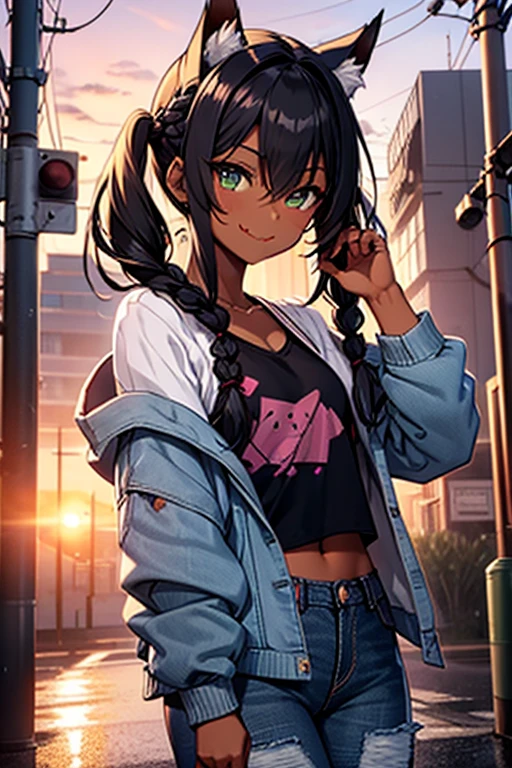 nsfw、masterpiece、best quality、super detailed dark skin、1catgirl、mature catgirl、jadegreen eyes、dark skin、cat ears、horse tail、hair/(braided side pigtails)、flipped hair、midnight black hair、cleavage、top/(small top)、pants/(small tight torn denim hotpants)、unbuttoned pants showing pink panties、background/(sunset city-harbor)、evil smile、mischievous face expression、sticking tongue out