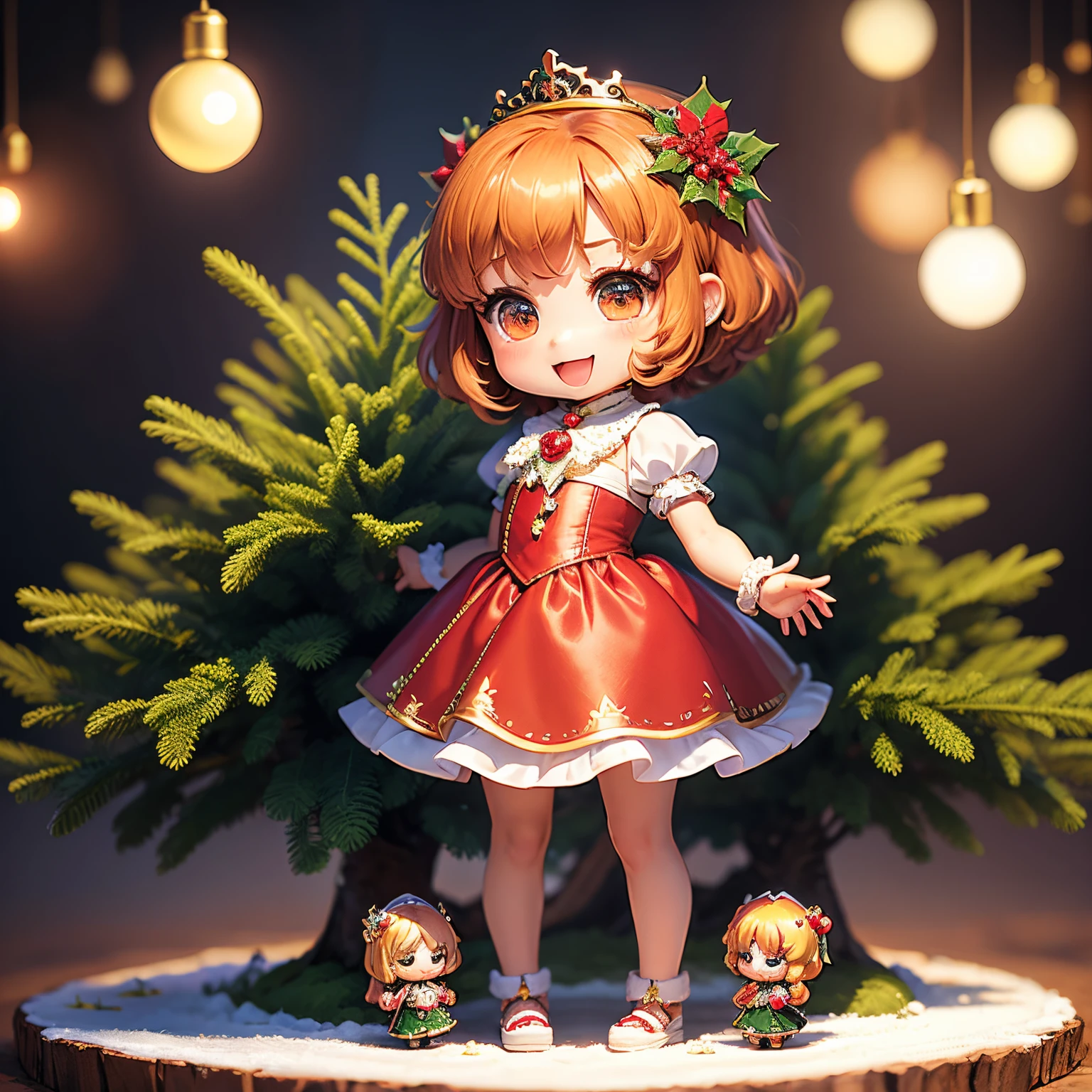masterpiece、top-quality、ultra-detailliert、(Chibi Chara Princess:1.2)、Christmas tree、drop light、Christmas present、poinsettia、Open your mouth and smile、Standing