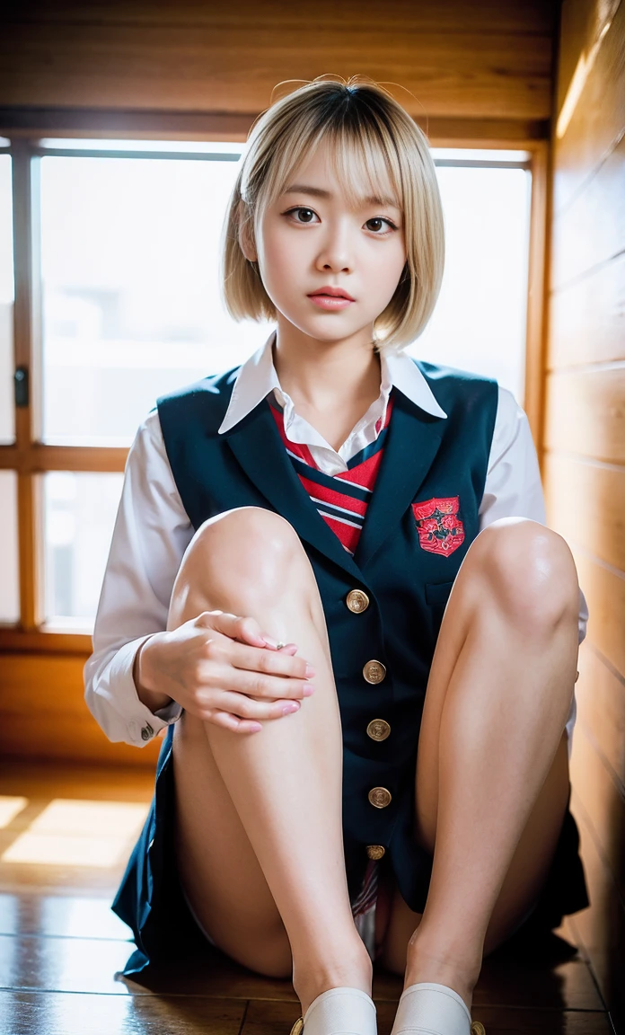 ulzzang -6500-v1.1, (Raw foto:1.2), (Photorealsitic:1.4), a beautiful detailed girl, ((a blond)), ((short-cut)), extremely detailed eye and face, beatiful detailed eyes, Ridiculous, unbelievable Ridiculous, huge filesize, ultra-detailliert, hight resolution, ighly detailed, top-quality, masterpiece, Kemomimi, ((Japanese girls' high school uniform)), illustratio, ighly detailed, nffsw, unification, 8k wallpaper, astonishing, finely detail, masterpiece, top-quality, Highly detailed ticker uniform 8K wallpaper, face lights、Cinematographic lighting、1girl in、sixteen years old、(witheout panties)、((dynamicposes)))、(camel's toe)、(half)、、(Crooked knees and legs sitting))