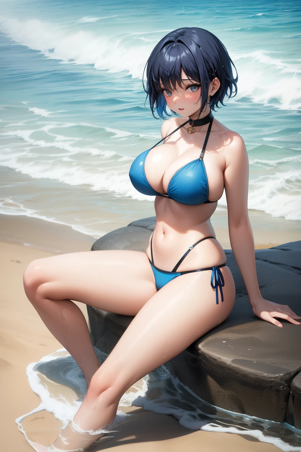 Cute girl on the beach, Swimwear, Big breasts, Blue hair, short hair, Sitting on the beach, Water is running underneath, Water underneath,full body, sexy body, sexy, sex, Sitting on a rock