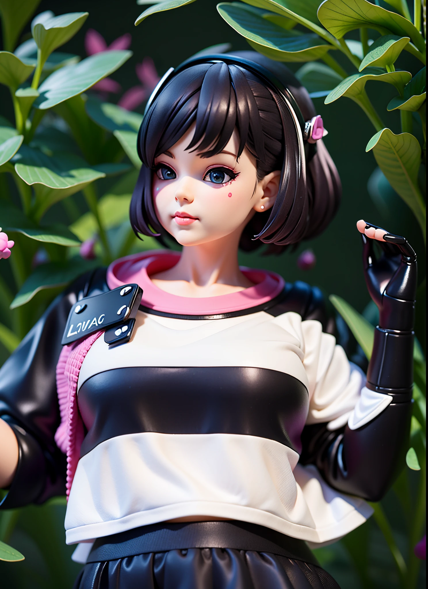 arafed woman with a black and white striped shirt and a pink lip,((young peoole)),chibi,blindbox, plastican00d,(best quality, 4k, 8k, highres, masterpiece:1.2), ultra-detailed, playful, cartoon, cute, 3d rendering,
