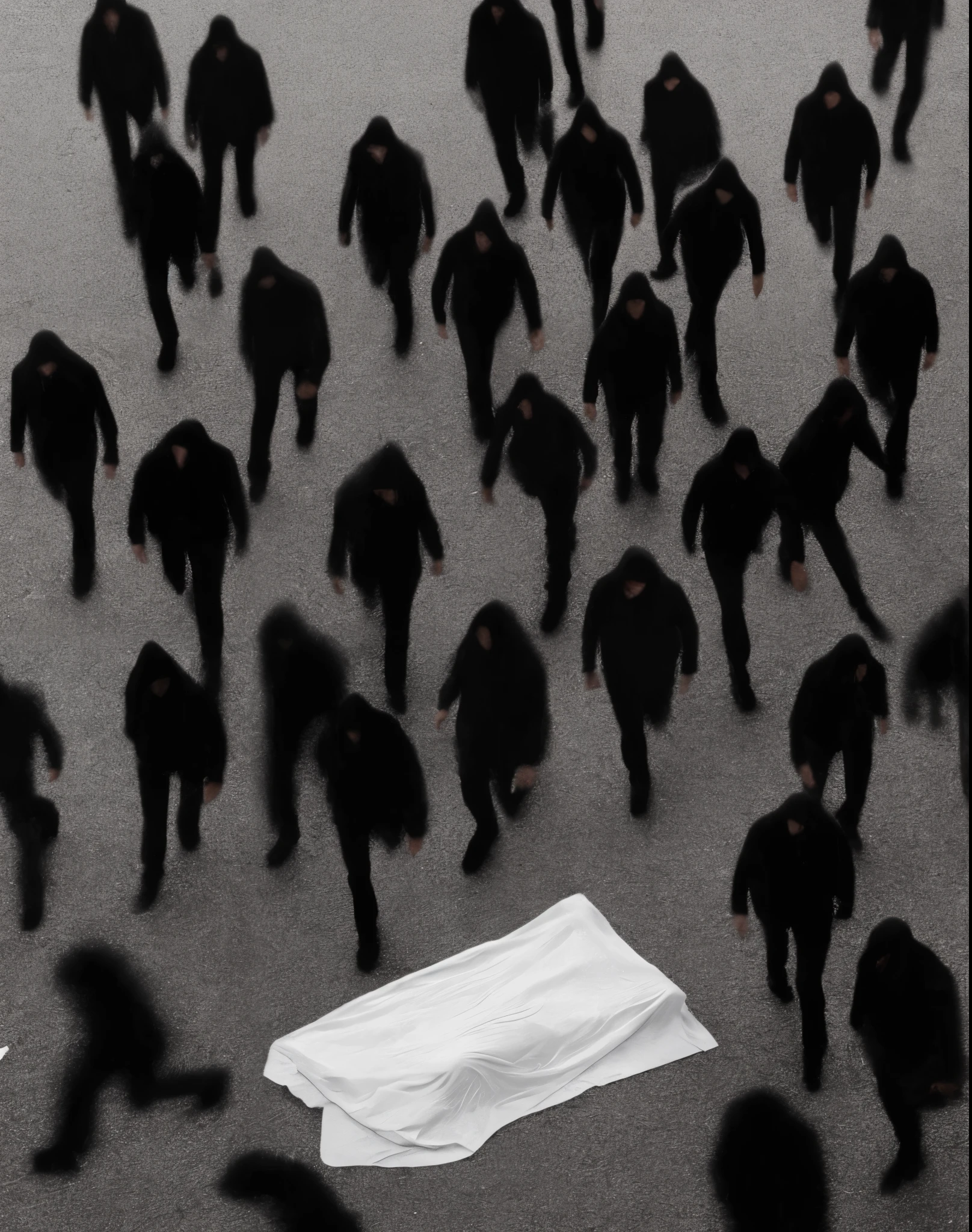 A group of people wearing white sheets walking among the crowd, walking dark figure, Corpses on the ground, faceless people dark, scary shadow people, dead bodies in the background, Attend a funeral procession, hooded figure, Masked figure in the distance, dead body, by Relia Penesic, Alex Andreev, Legions scattered on the ground, shadow people