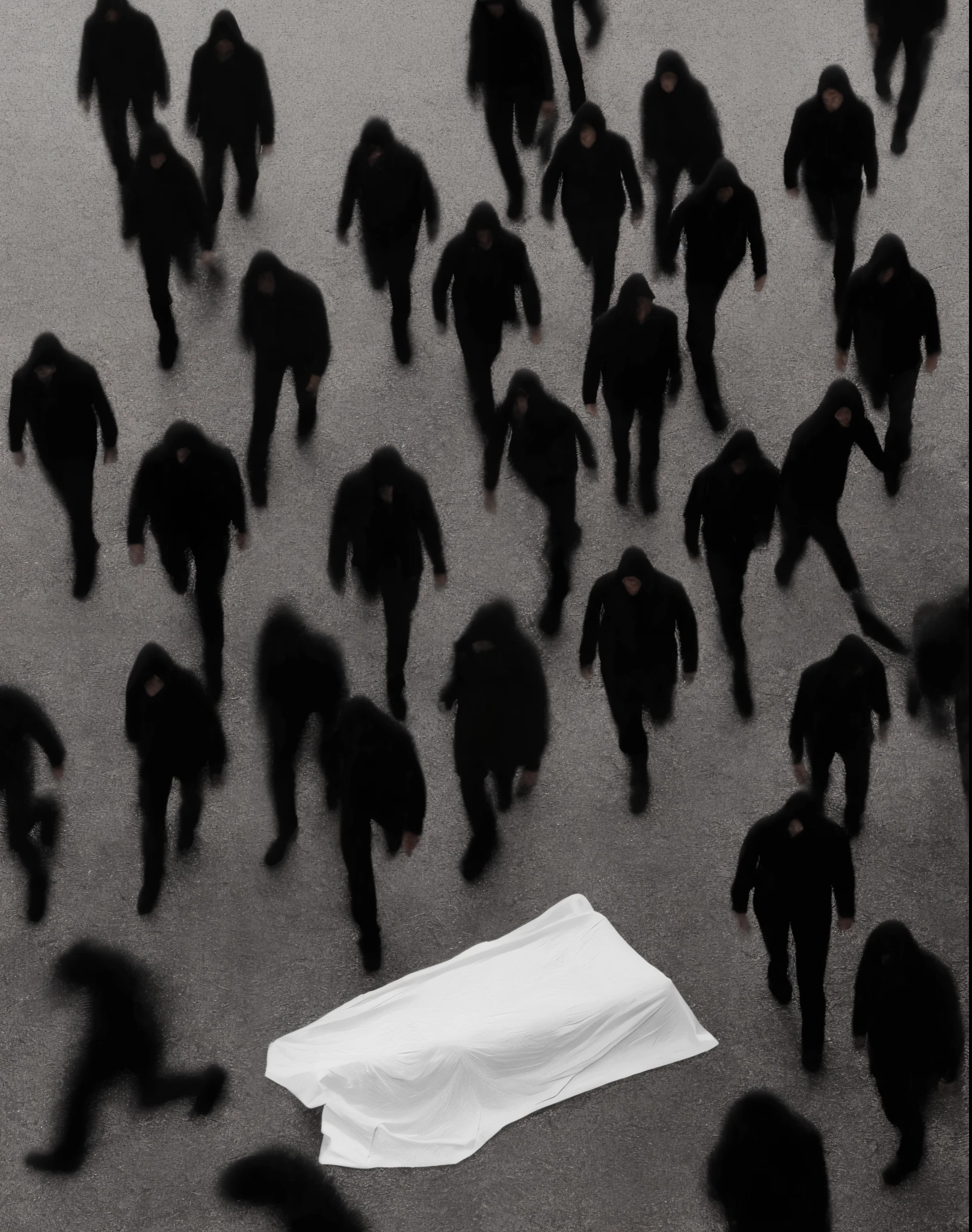 A group of people wearing white sheets walking among the crowd, walking dark figure, Corpses on the ground, faceless people dark, scary shadow people, dead bodies in the background, Attend a funeral procession, hooded figure, Masked figure in the distance, dead body, by Relia Penesic, Alex Andreev, Legions scattered on the ground, shadow people