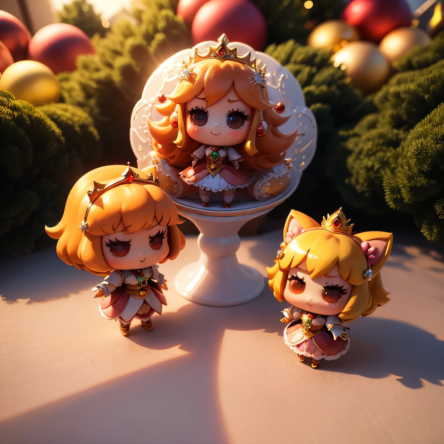 ​masterpiece、top-quality、ultra-detailliert、(Chibi Chara Princess:1.2)、Peach hair、Christmas tree、drop light、Christmas present、poinsettia、Open your mouth and smile、Standing