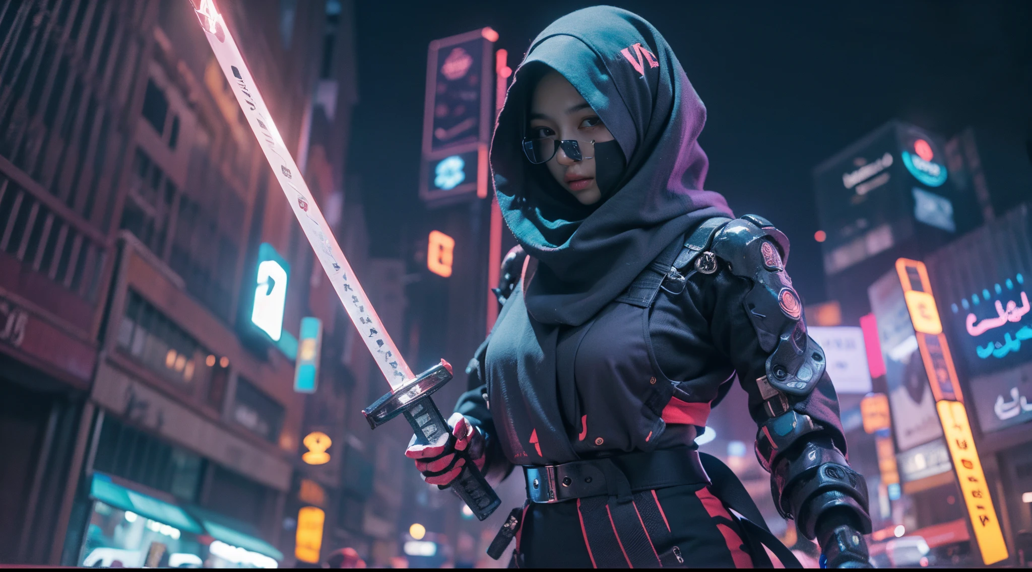 Full body shot, best quality, masterpiece, highres, 1 chinese-indonesian girl, proper muslim hijab, weaing mask, futuristic urban area,Beautiful face, wielding lighsaber, tyndall effect,photorealistic, dark studio, rim lighting, two tone lighting,(high detailed skin:1.2), 8k uhd, dslr, soft lighting, high quality, volumetric lighting, candid, Photograph, high resolution, 4k, 8k, Bokeh