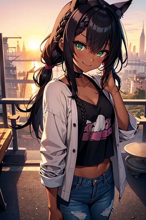 nsfw、masterpiece、best quality、super detailed dark skin、1catgirl、mature catgirl、jadegreen eyes、dark skin、cat ears、horse tail、hair/(braided side pigtails)、flipped hair、midnight black hair、cleavage、top/(small top)、pants/(small tight torn denim hotpants)、unbuttoned pants showing pink panties、background/(sunset city-harbor)、evil smile、mischievous face expression、sticking tongue out