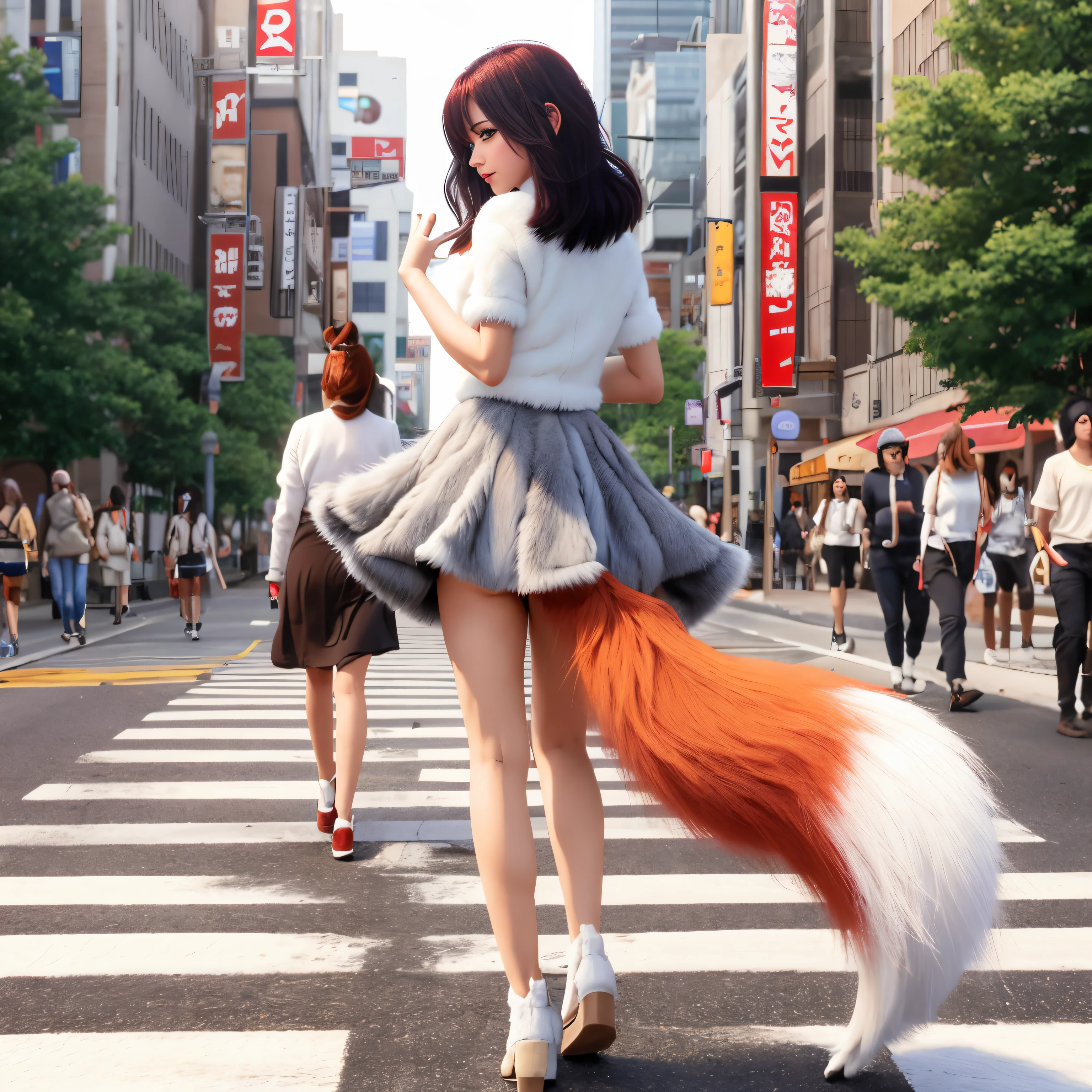A woman with a red fox tail walking on a crosswalk, Fox tail, foxgirl, Furry tail, , furries wearing tails, fluffy tail, tail, a picture, top-quality