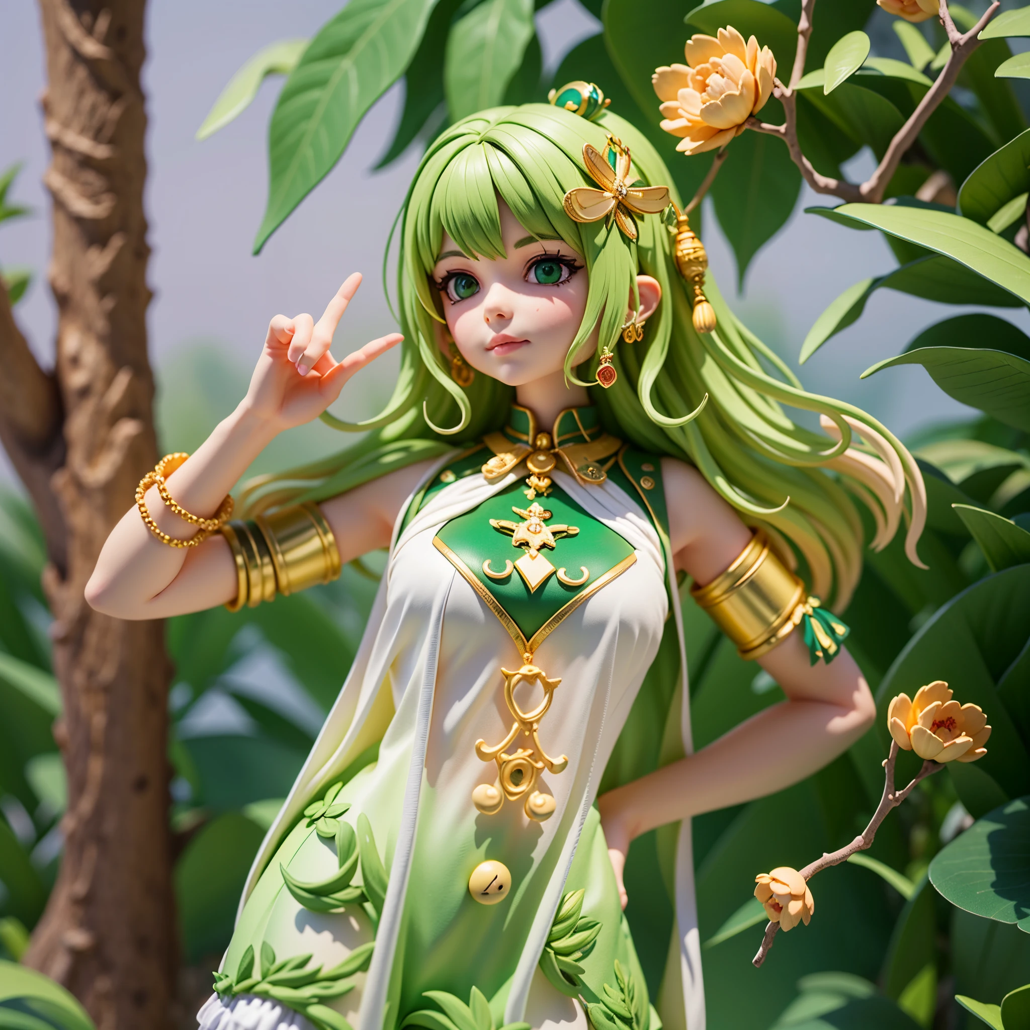 arafed woman in a white dress with green and gold accents, ((young peoole)),chibi,blindbox, plastican00d,(best quality, 4k, 8k, highres, masterpiece:1.2), ultra-detailed, playful, cartoon, cute, 3d rendering,