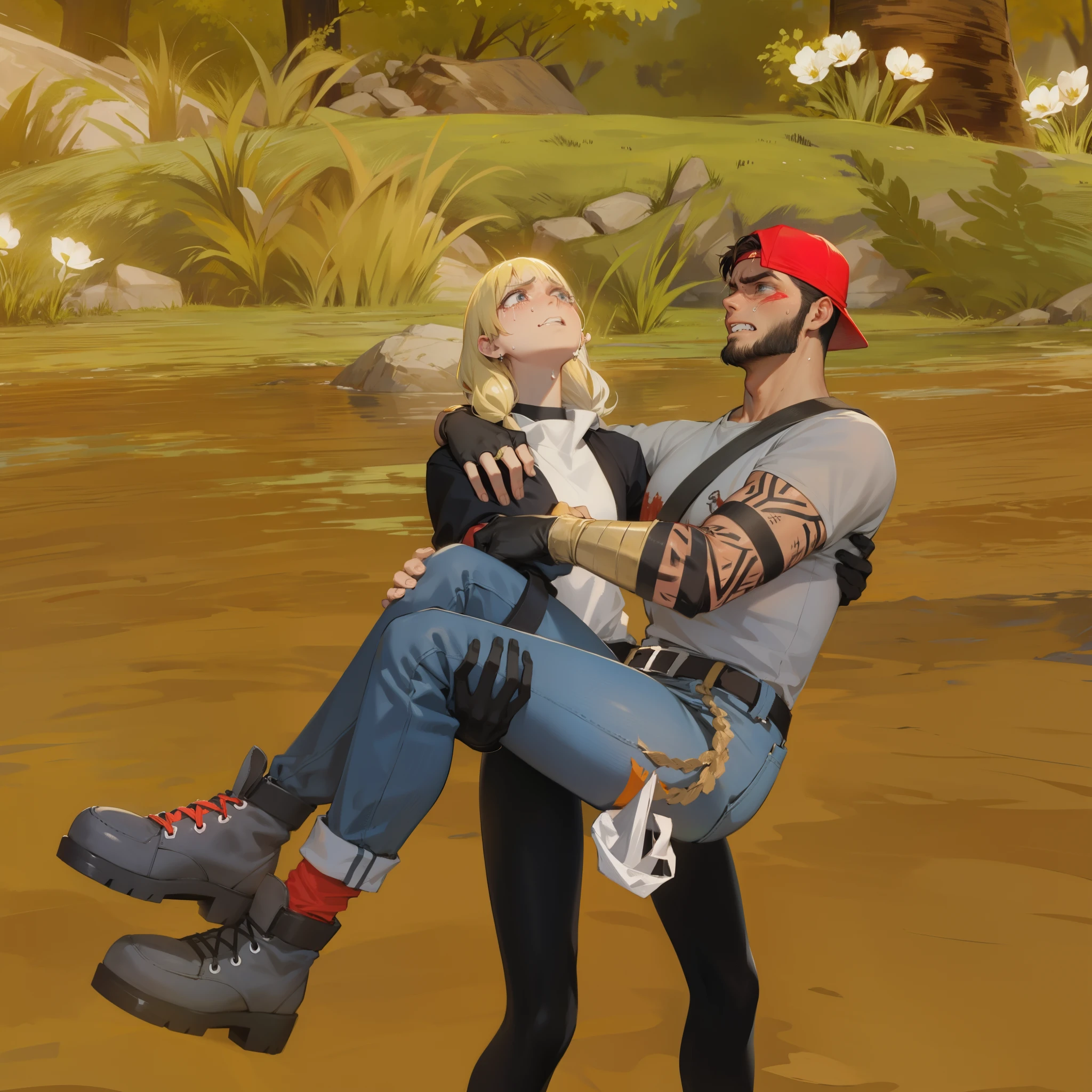 princess carry, struggling, clenched teeth, sweating, angry, crying,