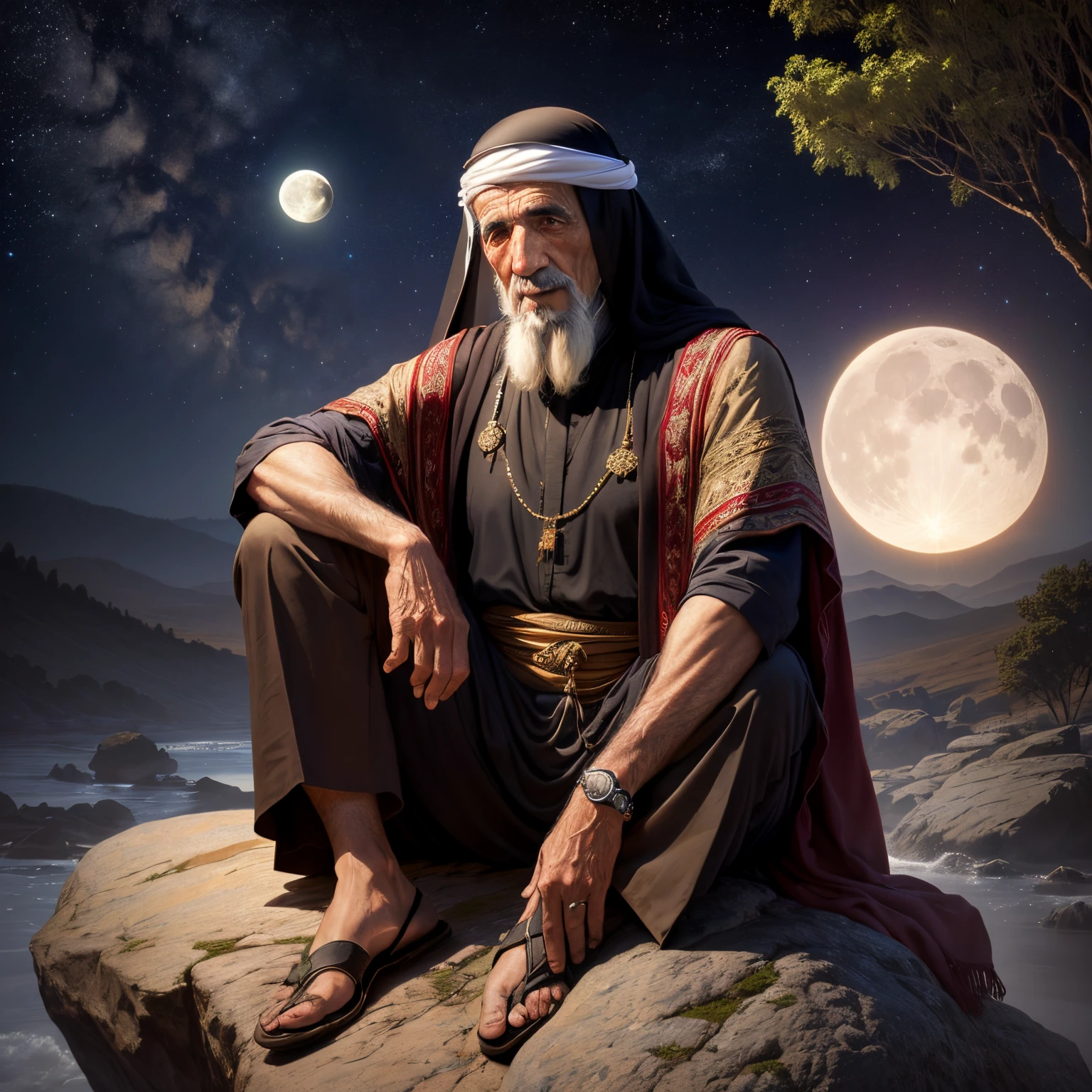 old middle eastern man with veil on head sitting on rock with a small moon and stars behind him, tree on his side, high quality, realistic