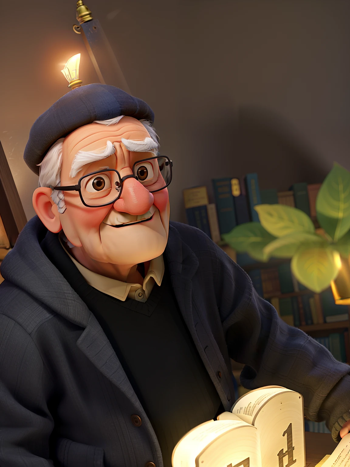 A wise old man standing in front, illuminated by the light of a lamp, against the backdrop of a library