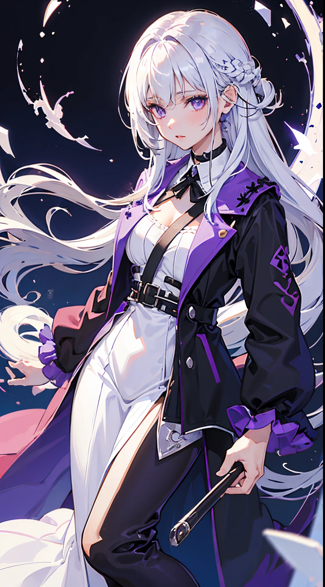girl with,White hair,Purple eyes,Bright background
