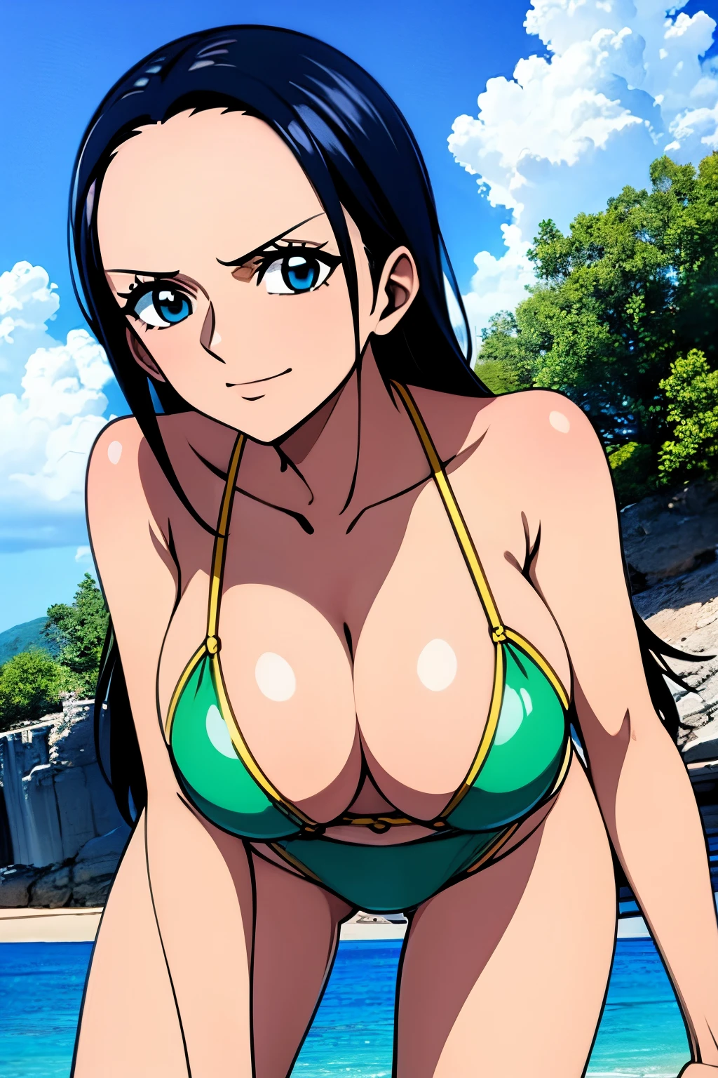 Nico Robin de One Piece luce un ajustado bikini verde, Dynamic posture, cara feliz, en un yate, sexy,,piel blanca brillante, exciting situation, ojos azules, ojos de alta calidad, labios rojos hinchados, Labios de alta calidad, grande, tetas grandes, Show of, La mejor calidad.