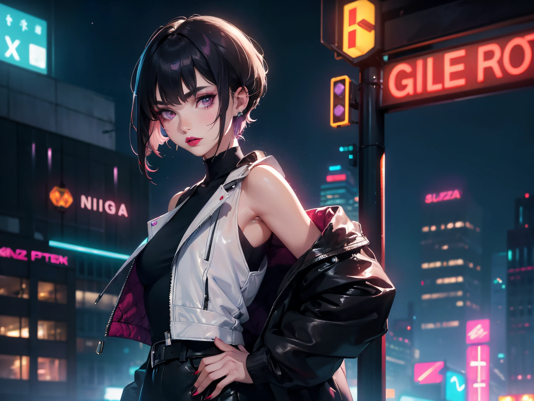 ((​masterpiece,hight resolution,8K picture quality,top-quality)),1girl in,((extra detailed face)),a 20 yo woman,Sateen,Delicate eyes,Purple eyes,((hairstyle on:buzzcut)),A dark-haired,Dramatic makeup,profile,Large piercings,Cool Face,((smooth lips,red lipsticks,Attractive lip)),Natural complexion,Super delicate CG unity,black knit mock sleeveless,put on a white jacket,A sexy,double tooth,((Night city,buliding,Neon light)),