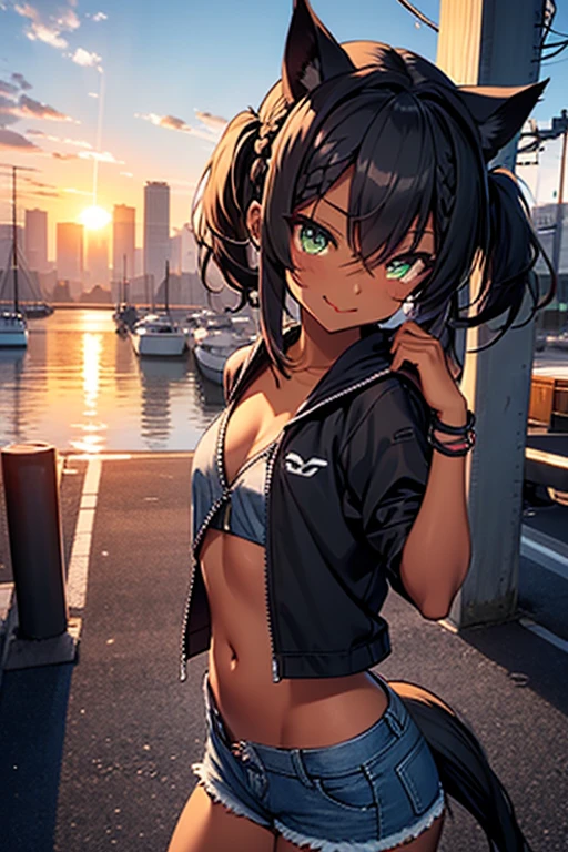 nsfw、masterpiece、best quality、super detailed dark skin、1catgirl、mature catgirl、jadegreen eyes、dark skin、cat ears、horse tail、hair/(braided side pigtails)、flipped hair、midnight black hair、cleavage、wearing a crop top/(small top)、wearing denim hotpants/(small tight torn denim hotpants)、unzipped pants showing pink panties、background/(sunset city-harbor)、evil smile、mischievous face expression、sticking tongue out