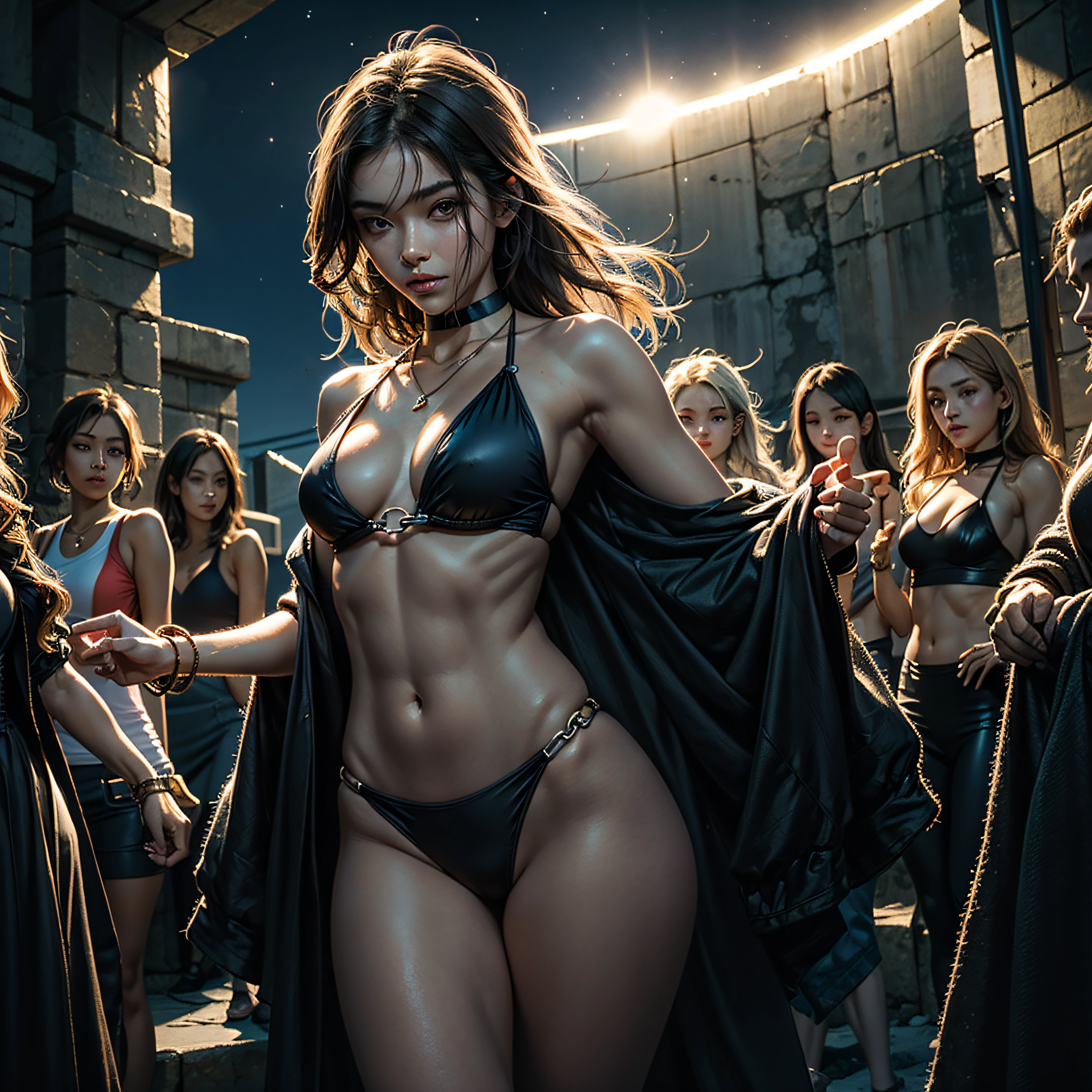 NSFW, (4+girls:1.5), (alternate athlete swimsuit pool), tanned skin, dark tanned skin, oil, (muscular:0.7), thin waist, (abs:1.3), tan lines, dynamic poses, sexy interactions, girls playing beach volley, ball of beach volley, net, masterpiece, top quality, ultra high definition, highest resolution, very detailed, perfect face, professional lighting, clean skin, CG illustration, slender, very cute, young face, underboob, cleavage, lower breast, wet body, (breasts out:1.4), different hair colors, short hair, pixie haircut, semi-long hair, different hair cuts, hair ribbon, blush, navel, from below, wet body, (breasts out: 1.4), (plastic bag 1.2), transparent swimsuit, beach, sand, water, (wind: 1.3), girls playing behind, showing ass, black necklace choker, BREAK, 1girl, solo, looking at viewer, flat bangs, (young cute beautiful 18-year-old girl:1.1), 3d face, beautiful girl, pretty, girlface, kpop idol, supermodel, woman posing for a photo, stunning innocent symmetry face, perfect body, medium breast, slim waist, slim legs, (high detailed skin:1.2), glowing eyes, goddess, natural skin texture, shiny skin, White skin, Beautiful detailed face, detailed face, real skin texture, cute delicate face, finely detailed face, golden ratio, golden ratio face, expressive eyes, perfect face, perfect skin, flawless face, clear face, shiny hair, pale skin, Proper body proportion, perfect anatomy, realistic skin texture, luscious lips, glossy lips, natural makeup, beautiful bright pupils, slender figure, intricate eyes, detailed pupils, detailed face and eyes, longeyelashes, blush, good hand, finely detailed skin, oily skin, BREAK, ((((ember, battlefield, volumetric fog, grey mist, (white long hair:1.4), (ecstasy of silk:1.1), spider web, (chain:1.1), (On a dark moonlit night:1.6), (in a spooky ancient dungeon:1.2), in a heavily guarded cage, moonlight shines in through a small window, (In the center of the picture is a female assassin struggling to break free from the shackles:1.4)