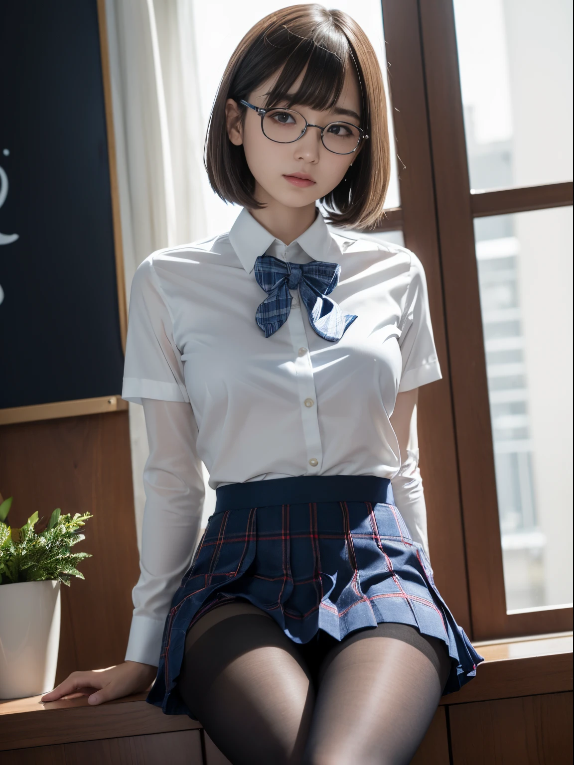 (((Long bob cut)))、(Underwear is visible)、((Narrow-eyed))、((Narrow-eyed))、((Narrow-eyed))、(8K、Raw photography、top-quality、​masterpiece：1.2),、Has a small、(flat breast)、(flat breast)、(flat breast)、(flat breast)、(flat breast)、(being thin)、light skinned、skin whitening、Dark look、Rasping,glamor,Chromo-white skin,cocky,School,watching at viewers,Looking at the front,Muchimuchi,High-pitched clothing,Erotic,Pupils,de pele branca,kne,((Black pantyhose)),absurderes,a small face,,Forehead visible,Bangs hanging from the left and right sides of the forehead,(a cold expression,Tight eyes,glares,Bullish,irate)、​masterpiece,top-quality、超A high resolution,Raw photo,ren,Beautiful fece,One Person, 独奏,eye glass,,Dark look,Small breasts,fullllbody,Round glasses,JK school uniform,hi-school girl,A Japanese Lady,is standing,（Photorealsitic：1.37）、Photon mapping,Realistic、Beautie,Cute little face,Brown-eyed、Black socks、(Red bow tie)、Radio City、Physically Based Rendering、depth of fields、Blurry background、a picture,Body,beauty legs, Long legs, Thin leg,(Bangs are visible), hair, s lips, Blue_The eye, nosesoft,(Light blue shirt), (Navy and blue and white plaid pleated skirt), Knees are visible,Sheer clothing,, Thigh, Black cotton socks,Nogizaka Idol, 女優, Japanese ido