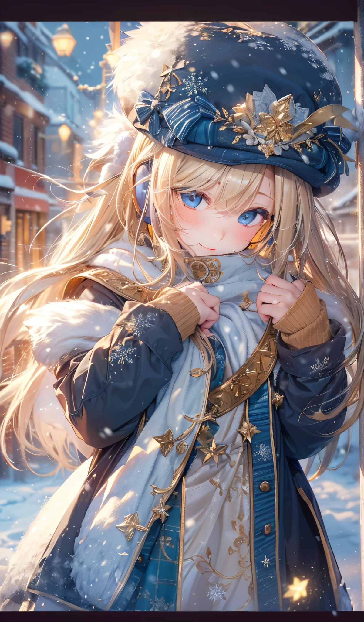 (masterpiece),(top-quality:1.2),1girl in,(masuter piece:1.3),exquisitedetails, Highest quality 8K resolution, Ultra-detailed, Realistic, Vibrant colors, Soft tones, With warm and gentle lighting, (snowy night:1.5),(Snowy city:1.4),wide skirt,simple style,Dynamic, Cute hats、cute earmuffs、Cute coat,Starry sky and shooting stars,Vivid Color,(Smooth straight blonde hair:1.2),(Hair parted in the middle:1.3),(Glowing hair),(Dark blue eyes:1.3),White skin, hair clips,Small necklace,A gentle feeling overflows,The sun's rays illuminate joy and pure love, warm glow,happiness and laughter,Vibrant colors,inspiring style,depth of love,color palettes,dreamy ambiance,masterpiece artwork