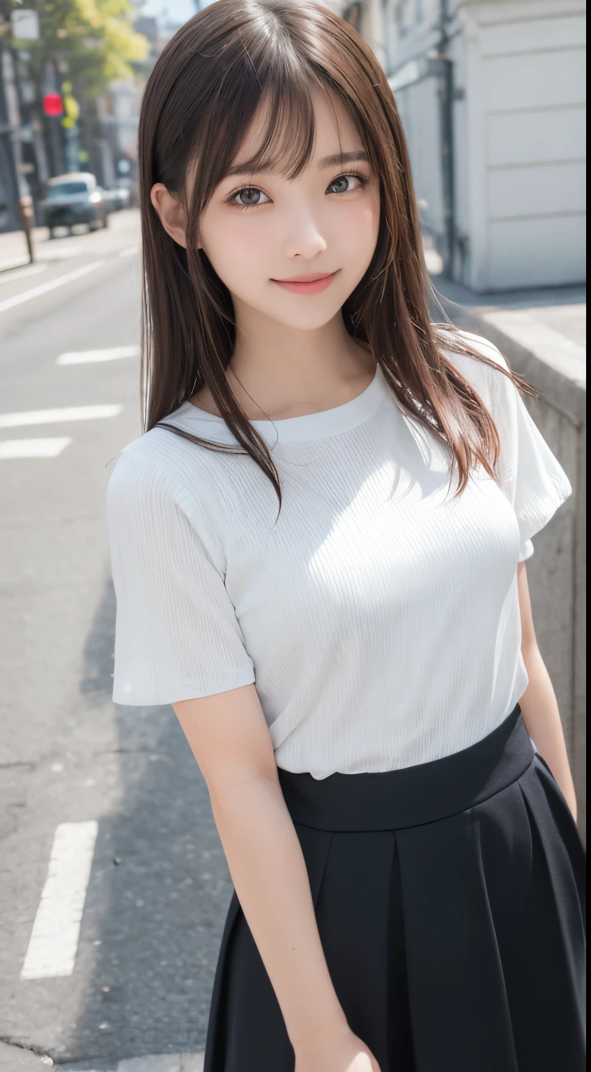 (Smile:1.26)、Raw photography、(((Ultimate Beauty Full Body Shooting)))、((glistning skin))、女の子1人、17-year-old beautiful girl in Prague、bright expression、((brown haired))、skirt by the、Onepiece、bending forward、big breasts thin waist、skinny thigh、Lush bust、waving at viewer、Short sleeve、((Big eyes that shine like jewels))、Glossy glossy skin、(Medium Hair:1.2)、No makeup、Beautiful bangs、Hair between the eyes、((masterpiece、top-quality、ultra-detailliert、Film Light、intricate-detail、hight resolution、ighly detailed))、细致背景、8KUHD、Digital SLR、Soft light、hightquality、Film grain、FujifilmXT3 、Shallow depth of field、natural soft light、Kamimei、