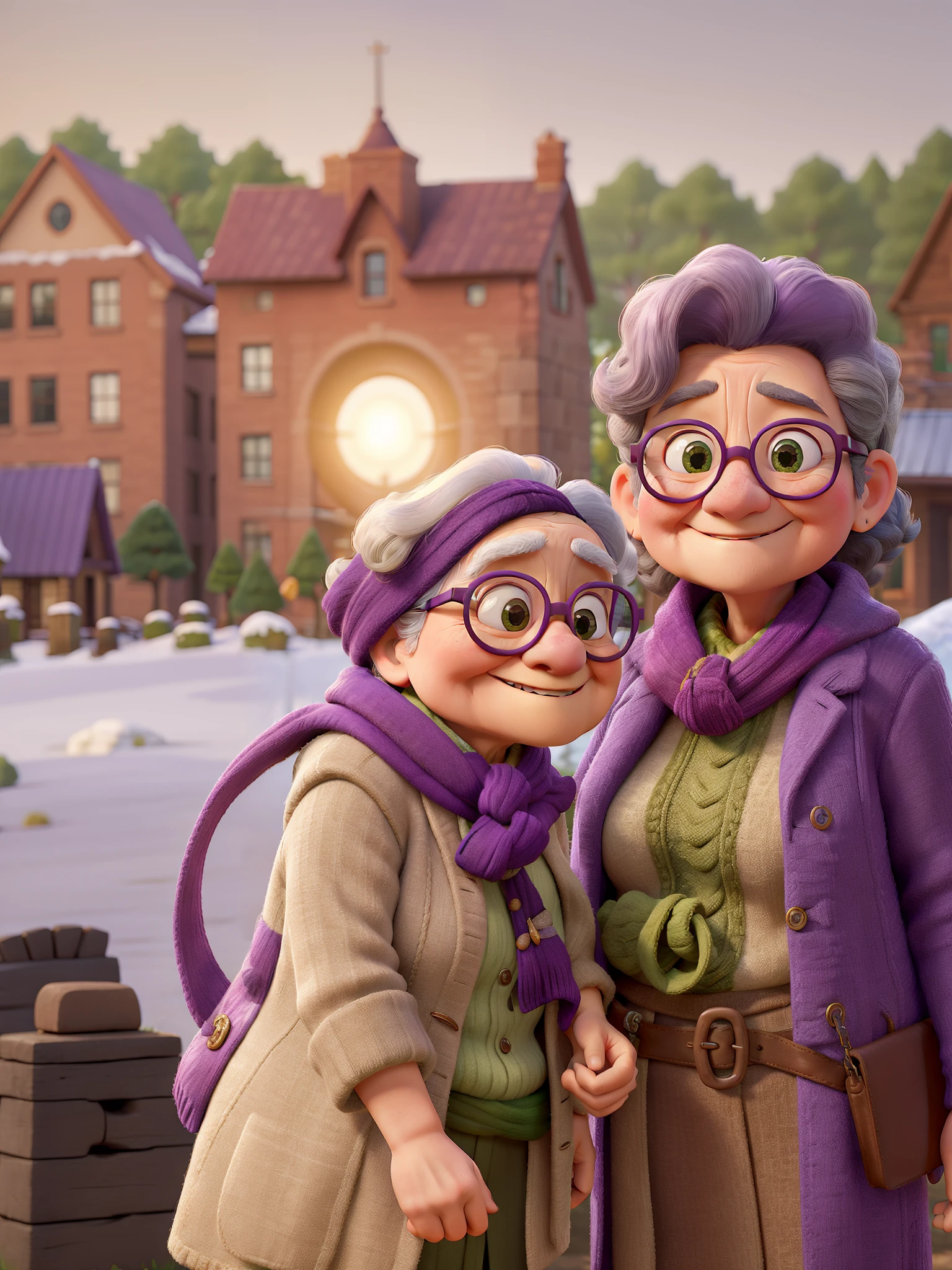 masterpiece, best quality, an old woman with glasses and a scarf on, wearing a purple coat and green scarf, standing at the park