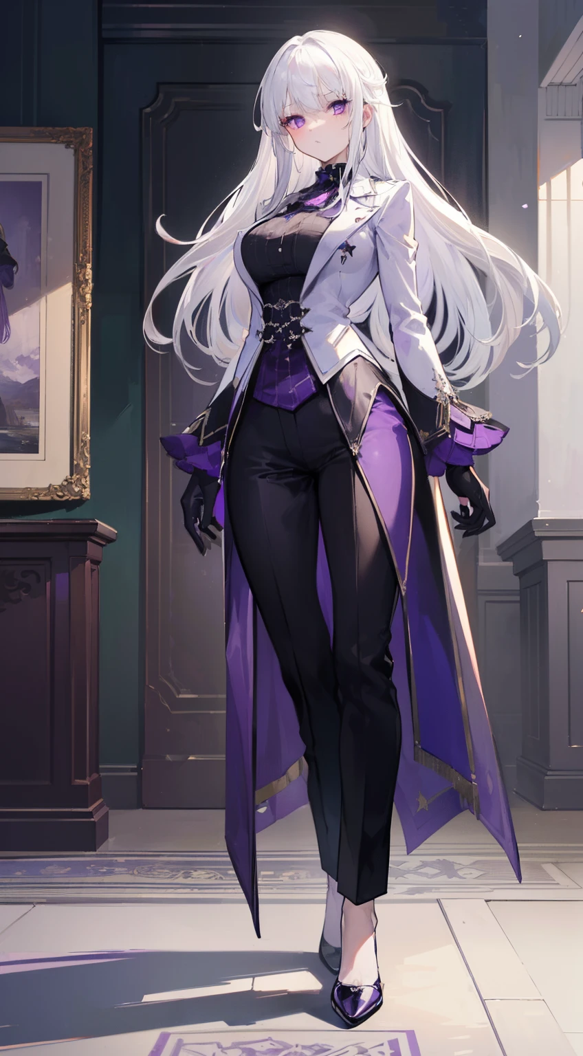 (masterpiece, best quality:1.2), illustration, 8k, hd, 1girl, solo, (((white hair, purple eyes,))) black coat, large breasts, black pants, indoors, arle suit, serious expression, tall, mature, elegant, black gloves, top hat, full body, from front, black shoes, long hair