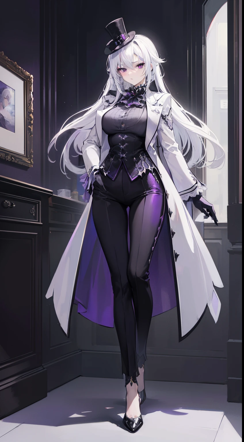 (masterpiece, best quality:1.2), illustration, 8k, hd, 1girl, solo, (((white hair, purple eyes,))) black coat, large breasts, black pants, indoors, arle suit, serious expression, tall, mature, elegant, black gloves, top hat, full body, from front, black shoes, long hair