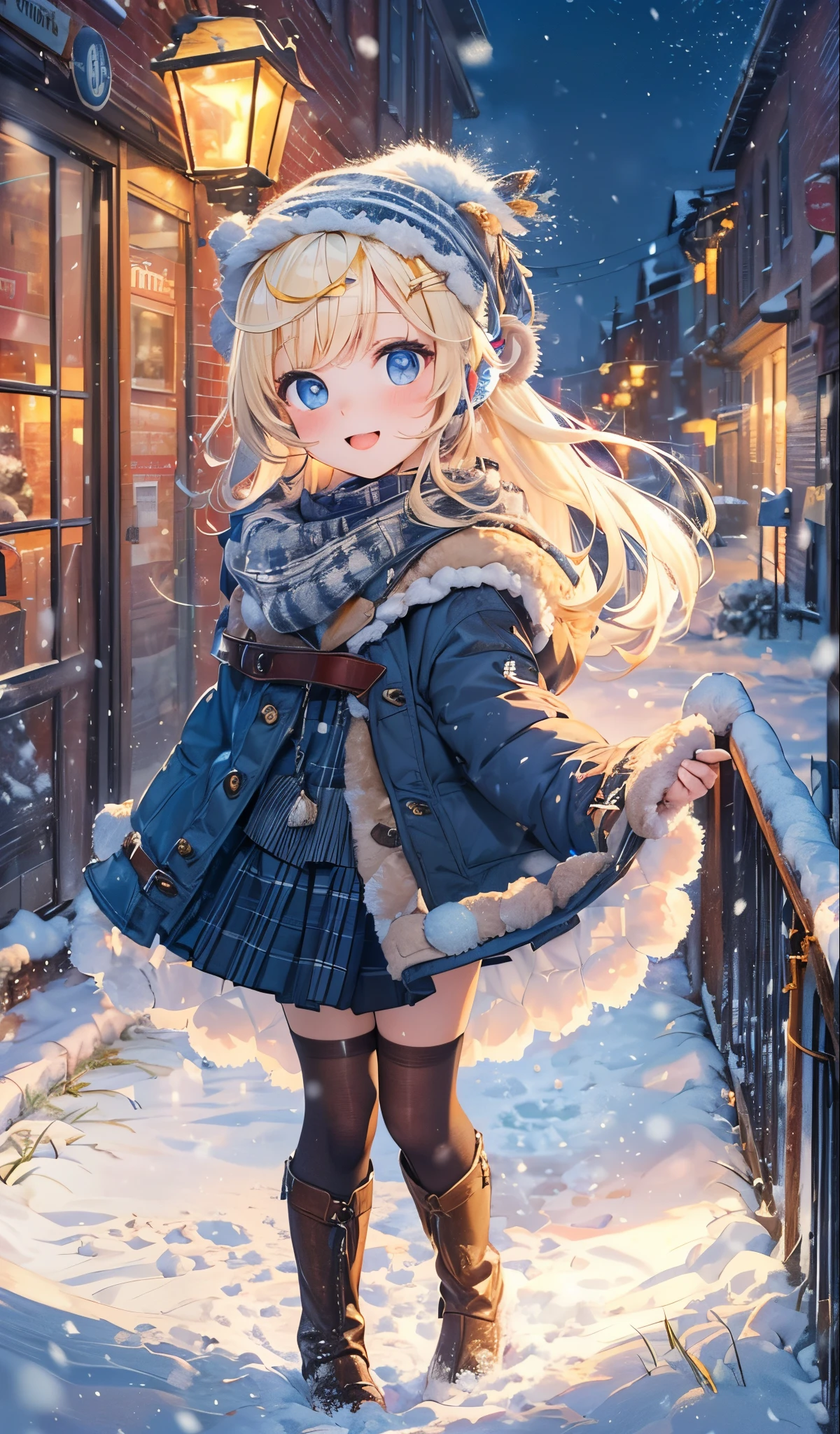 (masterpiece),(top-quality:1.2),1girl in,(masuter piece:1.3),exquisitedetails, Highest quality 8K resolution, Ultra-detailed, Realistic, Vibrant colors, Soft tones, With warm and gentle lighting, (snowy night:1.5),(Snowy city:1.4),wide skirt,simple style,Dynamic, Cute hats、cute earmuffs、Cute coat,Starry sky and shooting stars,Vivid Color,(Smooth straight blonde hair:1.2),(Hair parted in the middle:1.3),(Glowing hair),(Dark blue eyes:1.3),White skin, hair clips,Small necklace,A gentle feeling overflows,The sun's rays illuminate joy and pure love, warm glow,happiness and laughter,Vibrant colors,inspiring style,depth of love,color palettes,dreamy ambiance,masterpiece artwork