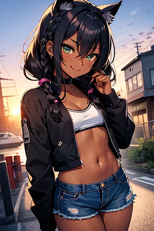 nsfw、masterpiece、best quality、super detailed dark skin、1catgirl、mature catgirl、jadegreen eyes、dark skin、cat ears、horse tail、hair/(braided side pigtails)、flipped hair、midnight black hair、cleavage、wearing a crop top/(small top)、wearing denim hotpants/(small tight torn denim hotpants)、unzipped pants showing pink panties、background/(sunset city-harbor)、evil smile、mischievous face expression、sticking tongue out