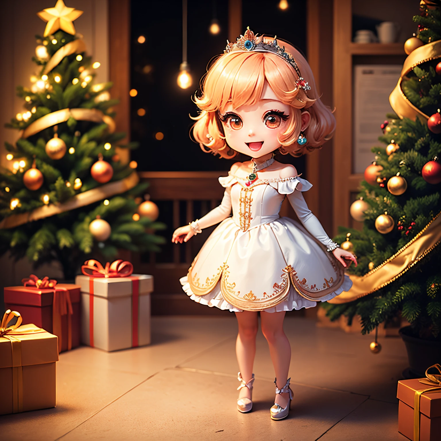 ​masterpiece、top-quality、ultra-detailliert、(Chibi Chara Princess:1.2)、Peach hair、Christmas tree、drop light、Christmas present、poinsettia、Open your mouth and smile、Standing