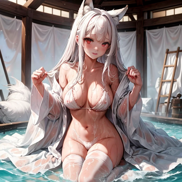 masterpiece、top-quality、1girl in。(bathrobe:1.2), white  hair,Red Eyes,(mare:0.8), (Fantastical:0.7),(middlebreasts:1.4), (A smile:0.8),fox ear,salon,wear bra, wear dress,wet clothes,wet hanging,salon, perfect body,((wet clothes:1.3)), perfect breast,((blush on: 1.2)),((fox-tails:1)), perfect big fox-tails, bikini, legwear