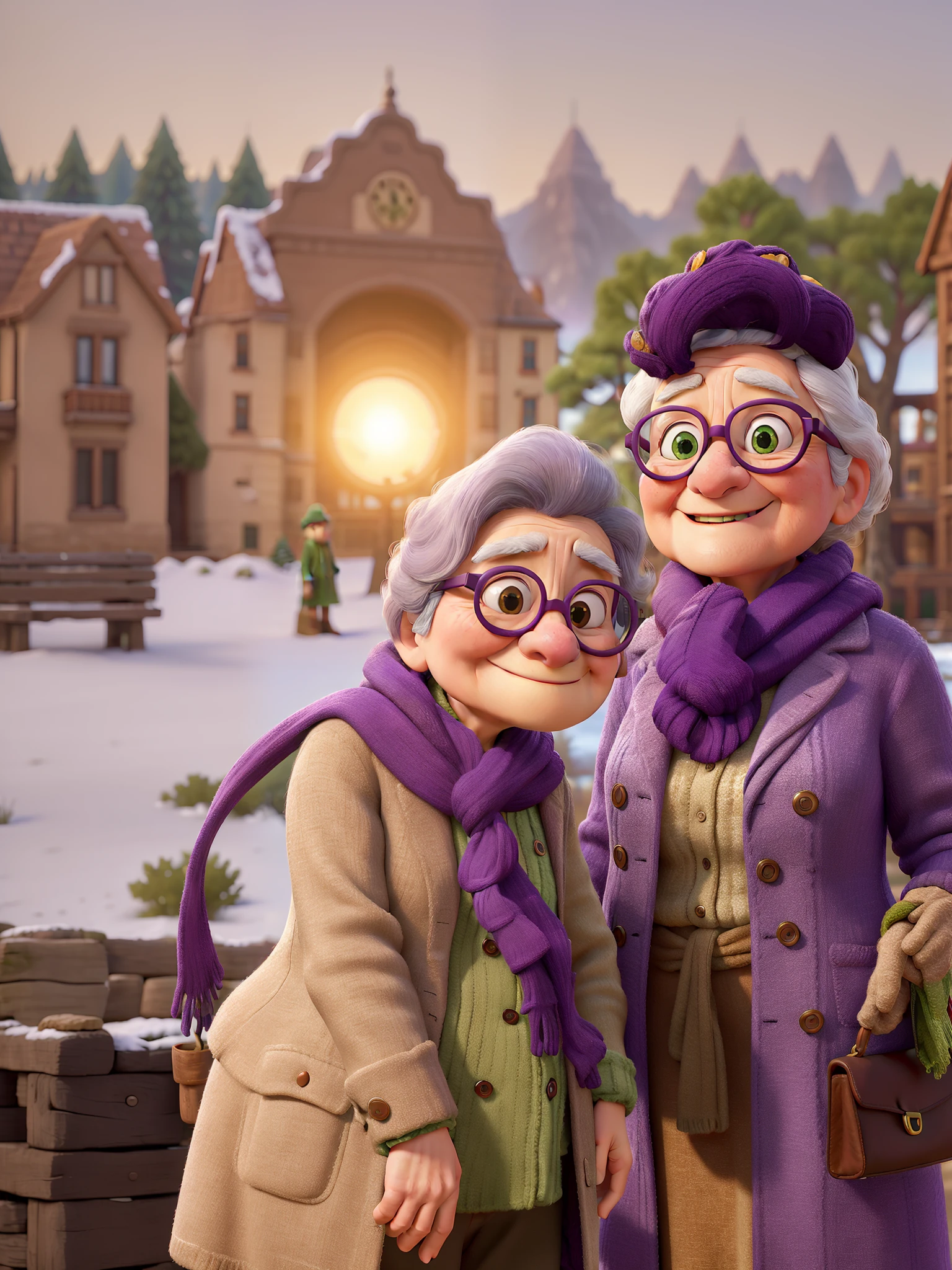 masterpiece, best quality, an old woman with glasses and a scarf on, wearing a purple coat and green scarf, standing at the park