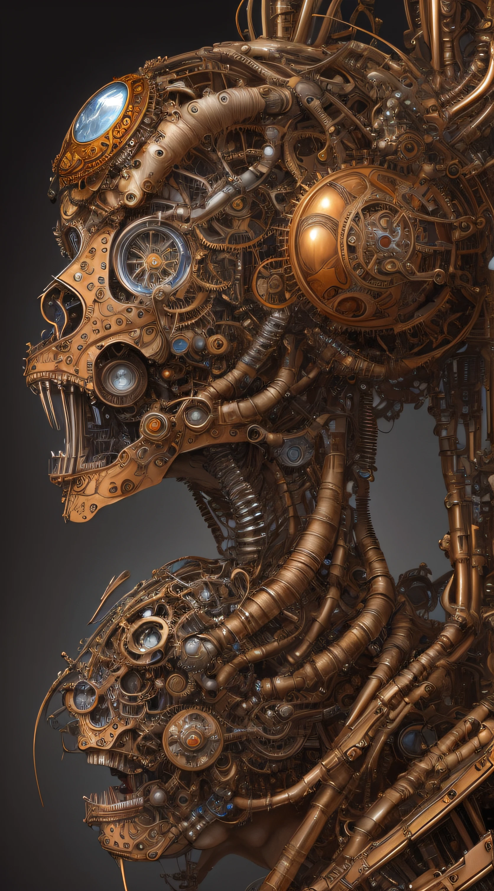 Artwork in the style of Vladimir Kush, Highly detailed and intricate depictions of mechanical or cybernetic faces by WLOP and James Jean, May be inspired by steampunk and futuristic themes. the face, emerges, African specialties, Metal and machine parts, soybean