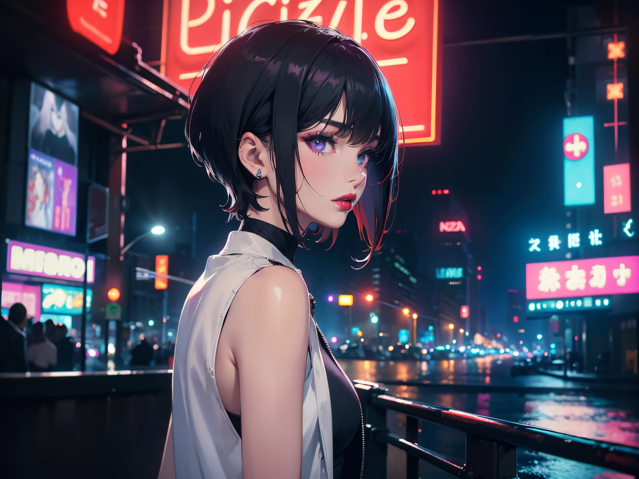 ((masterpiece,hight resolution,8K picture quality,top-quality)),1girl in,((extra detailed face)),a 20 yo woman,Sateen,Delicate eyes,Purple eyes,((hairstyle on:buzzcut)),A dark-haired,Dramatic makeup,profile,Large piercings,Cool Face,((smooth lips,red lipsticks,Attractive lip)),Natural complexion,black knit mock sleeveless,put on a white jacket,A sexy,double tooth,((Delicate background,Night city,buliding,Neon light)),