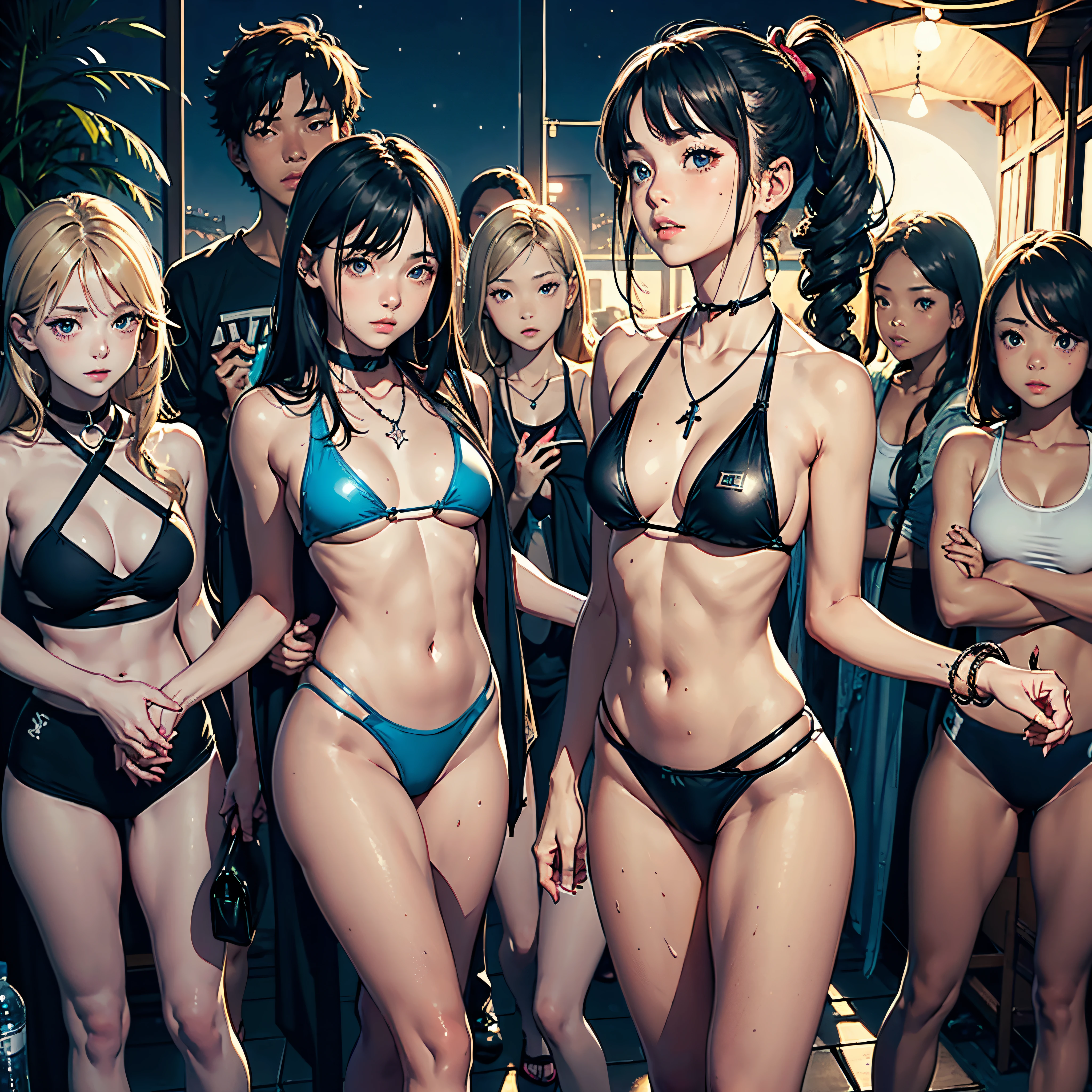 NSFW, (4+girls:1.5), (alternate athlete swimsuit pool), tanned skin, dark tanned skin, oil, (muscular:0.7), thin waist, (abs:1.3), tan lines, dynamic poses, sexy interactions, girls playing beach volley, ball of beach volley, net, masterpiece, top quality, ultra high definition, highest resolution, very detailed, perfect face, professional lighting, clean skin, CG illustration, slender, very cute, young face, underboob, cleavage, lower breast, wet body, (breasts out:1.4), different hair colors, short hair, pixie haircut, semi-long hair, different hair cuts, hair ribbon, blush, navel, from below, wet body, (breasts out: 1.4), (plastic bag 1.2), transparent swimsuit, beach, sand, water, (wind: 1.3), girls playing behind, showing ass, black necklace choker, BREAK, 1girl, solo, looking at viewer, flat bangs, (young cute beautiful 18-year-old girl:1.1), 3d face, beautiful girl, pretty, girlface, kpop idol, supermodel, woman posing for a photo, stunning innocent symmetry face, perfect body, medium breast, slim waist, slim legs, (high detailed skin:1.2), glowing eyes, goddess, natural skin texture, shiny skin, White skin, Beautiful detailed face, detailed face, real skin texture, cute delicate face, finely detailed face, golden ratio, golden ratio face, expressive eyes, perfect face, perfect skin, flawless face, clear face, shiny hair, pale skin, Proper body proportion, perfect anatomy, realistic skin texture, luscious lips, glossy lips, natural makeup, beautiful bright pupils, slender figure, intricate eyes, detailed pupils, detailed face and eyes, longeyelashes, blush, good hand, finely detailed skin, oily skin, BREAK, ((((ember, battlefield, volumetric fog, grey mist, (white long hair:1.4), (ecstasy of silk:1.1), spider web, (chain:1.1), (On a dark moonlit night:1.6), (in a spooky ancient dungeon:1.2), in a heavily guarded cage, moonlight shines in through a small window, (In the center of the picture is a female assassin struggling to break free from the shackles:1.4)