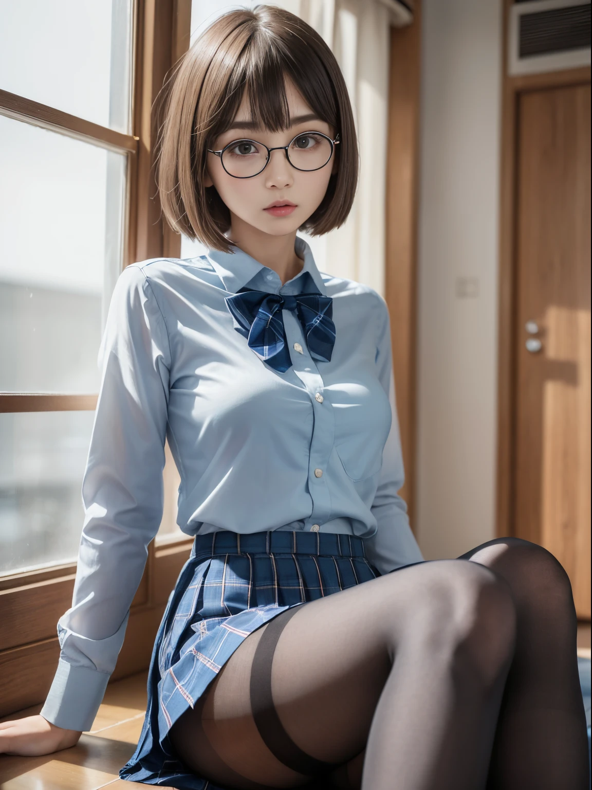 (((Long bob cut)))、(Underwear is visible)、((Narrow-eyed))、((Narrow-eyed))、((Narrow-eyed))、(8K、Raw photography、top-quality、masterpiece:1.2),、Has a small、(flat breast)、(flat breast)、(flat breast)、(flat breast)、(flat breast)、(being thin)、light skinned、skin whitening、Dark look、Rasping,glamor,Chromo-white skin,cocky,School,watching at viewers,Looking at the front,Muchimuchi,High-pitched clothing,Erotic,Pupils,de pele branca,kne,((Black pantyhose)),absurderes,a small face,,Forehead visible,Bangs hanging from the left and right sides of the forehead,(a cold expression,Tight eyes,glares,Bullish,irate)、masterpiece,top-quality、超A high resolution,Raw photo,ren,Beautiful fece,One Person, 独奏,eye glass,,Dark look,Small breasts,fullllbody,Round glasses,JK school uniform,hi-school girl,A Japanese Lady,is standing,(Photorealsitic:1.37)、Photon mapping,Realistic、Beautie,Cute little face,Brown-eyed、Black socks、(Red bow tie)、Radio City、Physically Based Rendering、depth of fields、Blurry background、a picture,Body,beauty legs, Long legs, Thin leg,(Bangs are visible), hair, s lips, Blue_The eye, nosesoft,(Light blue shirt), (Navy and blue and white plaid pleated skirt), Knees are visible,Sheer clothing,, Thigh, Black cotton socks,Nogizaka Idol, 女優, Japanese ido
