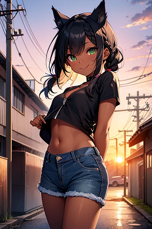 nsfw、masterpiece、best quality、super detailed dark skin、1catgirl、mature catgirl、jadegreen eyes、dark skin、cat ears、horse tail、hair/(braided side pigtails)、flipped hair、midnight black hair、cleavage、shirtless、wearing a crop top/(small top)、wearing denim hotpants/(small tight torn denim hotpants)、unzipped pants showing pink panties、background/(sunset city-harbor)、evil smile、mischievous face expression、sticking tongue out