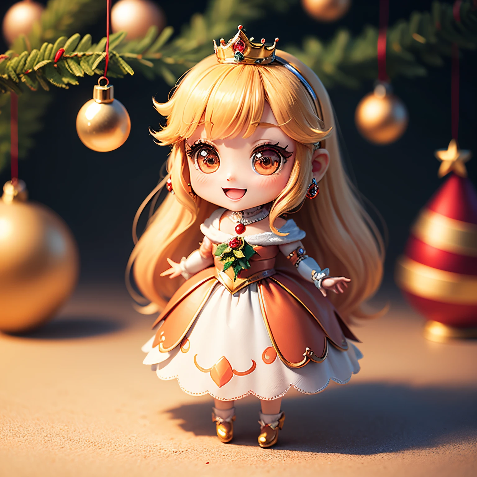 ​masterpiece、top-quality、ultra-detailliert、(Chibi Chara Princess:1.27)、Peach hair、Christmas tree、drop light、Christmas present、Poinsettia flowers、Open your mouth and smile、Standing
