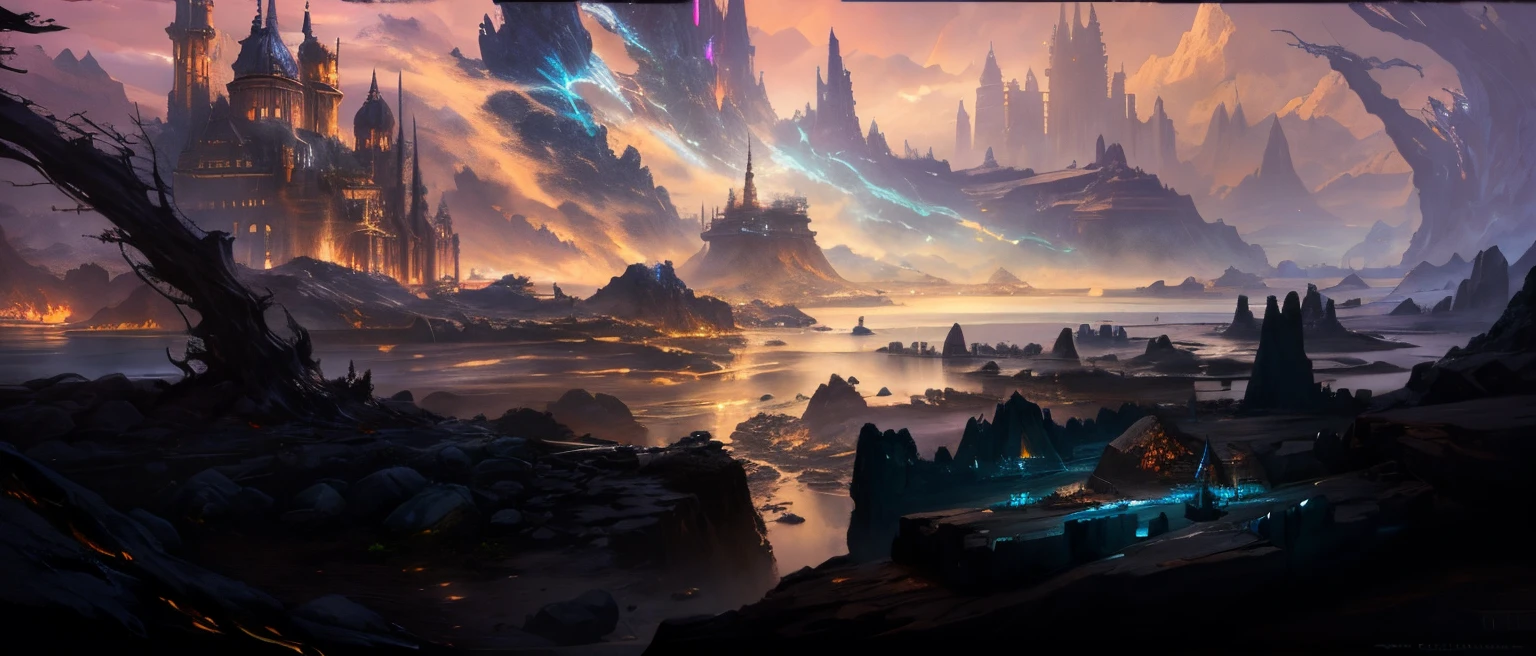 there is a painting of a city on a rocky beach, fantasyconcept art, final fantasy vll world concept, detailed fantasy digital art, fantasy cityscape, high quality digital concept art, concept art stunning atmosphere, highly detailed fantasy art, high fantasy matte painting, cinematic fantasy painting, stunning concept art, fantasy concept painting, detailed matte fantasy painting, beautiful concept art