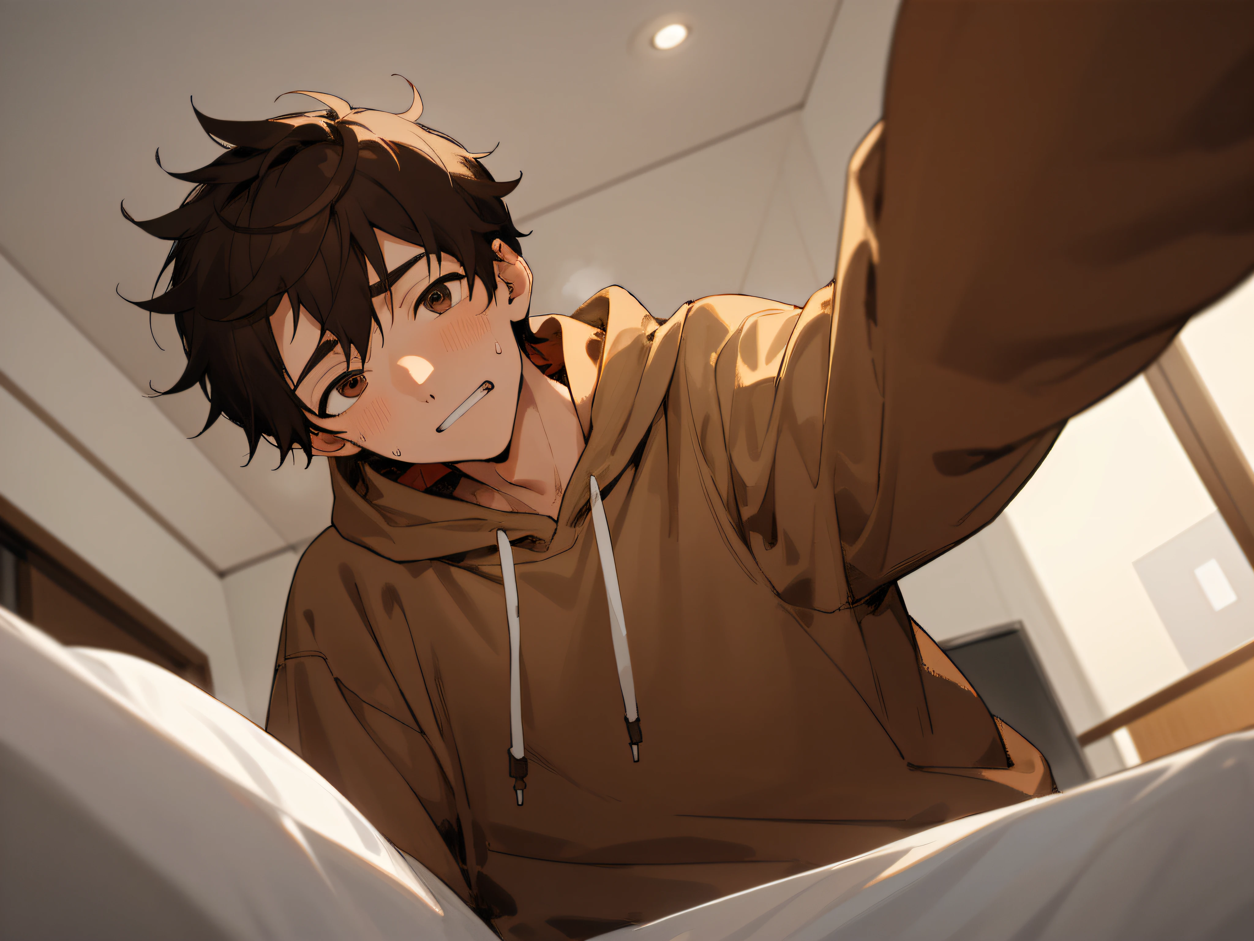 Man's, 26 years old,1 boy、Brown hair、hoody,eyes are brown、Depression,,From below,Push your audience down,Angle from below,Sweating,Impatient expression,Background Hotel,a bed,up on the face