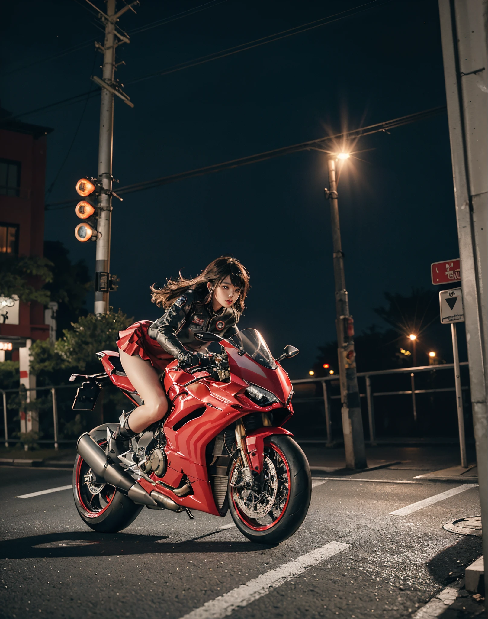 hight resolution、high-level image quality、in 8K、Real live-action、Raw photography、top-quality、​masterpiece、masutepiece、(Soft Saturation:1)、(depth of fields:1.2)、(Ray traching:1.2)、headlight、Blue glow、Shot diagonally from above、Sense of speed、((during night)), city night scene、The background is a beautiful neon cyberpunk Tokyo、city night scene、Neon light、blue light from headlights、Dynamic Poses、Dynamic camera angles、heavy wind、Big red motorcycle speeding through the city at night、((Run leaving a trail of light:1.ung woman in red dress sitting on a big red motorcycle, Beautiful face、Beautiful face、(Red dress:1.2)、(Red short skirt:1.3)、white knee highs、(Red boots:1.2、Draw the toes:1.2)、perfect hand、perfect foot、perfect ankles、Perfect toes、Perfect toes、Perfect Heel:1.3、((Grasp the controller with both hands:1.2))、Slouched、put one&#39;Upper body, Lower body:1.2、Sitting on the Ducati Panigale V4,Riding the Ducati Panigale V4, Sci-fi style bikes, Sci-fi style bikes, Ducati Panigale V4 Motorcycle Rider, How to ride the Ducati Panigale V4, (Draw left and right rearview mirrors:1.3)、(headlights shine blue:1.2)、picture of a female biker, motorbike,Motorcycle displacement: Ducati Panigale V4 Details、motion-blur、(white smoke from tires:1.1)、