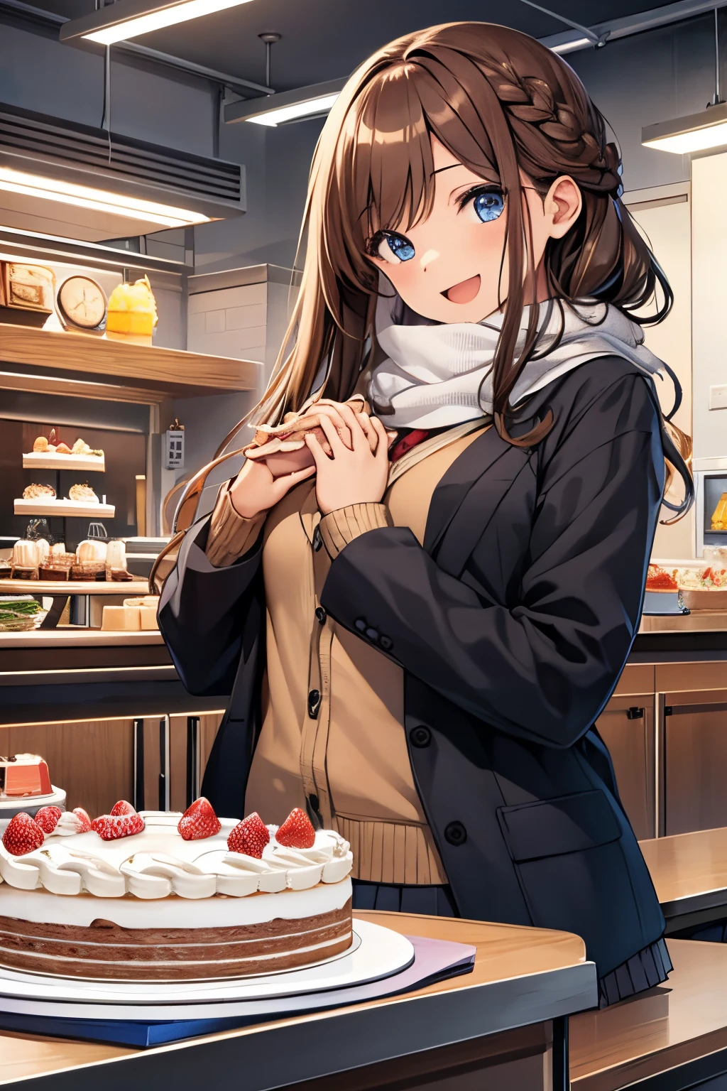 (masterpiece), (best quality), high resolution, ultra detail, photorealistic, 8K, intricate face, detailed body, detailed face, cute,
BREAK
1girl, , cute girl, middle breasts, narrow waist, athletic body, single braid, brown hair
BREAK
school girl, checked scarf, blazer, cardigan, pleated skirt, living, home party, smile, open mouth, (Holding a whole cake both hands:1.3),
