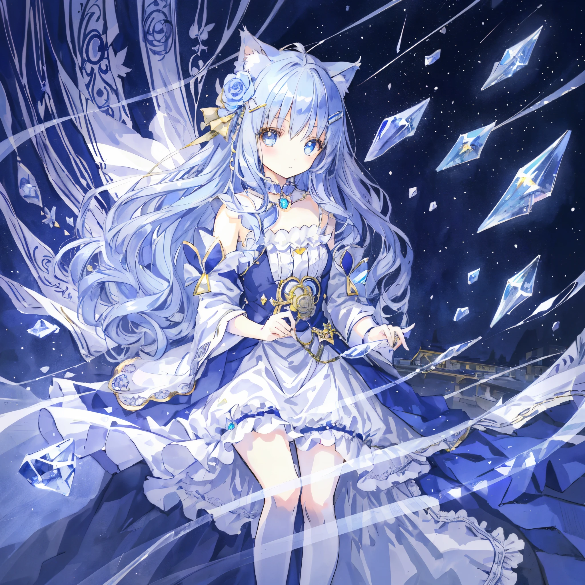 (masutepiece), (Best Quality), (1 girl)), amazing, Beautiful detail eyes, Fine details, depth of fields, Original, ((Best Quality)), ((super detailed)), (Best Illustration), (The best lighting, Best Shadow), (Very delicate and beautiful)), highly detailed wallpaper, Dream Background, landscape, Young Girl, Lori, Full body, Single, Solo, Petite, Gothic, underage, A girl child, Young loli, Sapphire crystal eyes, Float Semi-Band Long Sapphire Crystal Hair, Ahoge, Wavy shoulder length sapphire crystal long hair, Sapphire crystal hair ornament, Sapphire Crystal Hair Clip, Cat's ears, Collar,Blue_Rose