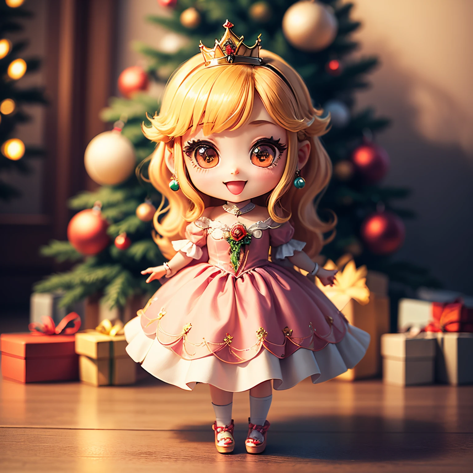 masterpiece、top-quality、ultra-detailliert、(Chibi Chara Princess:1.27)、Peach hair、Christmas tree、drop light、Christmas present、Poinsettia flowers、Open your mouth and smile、Standing