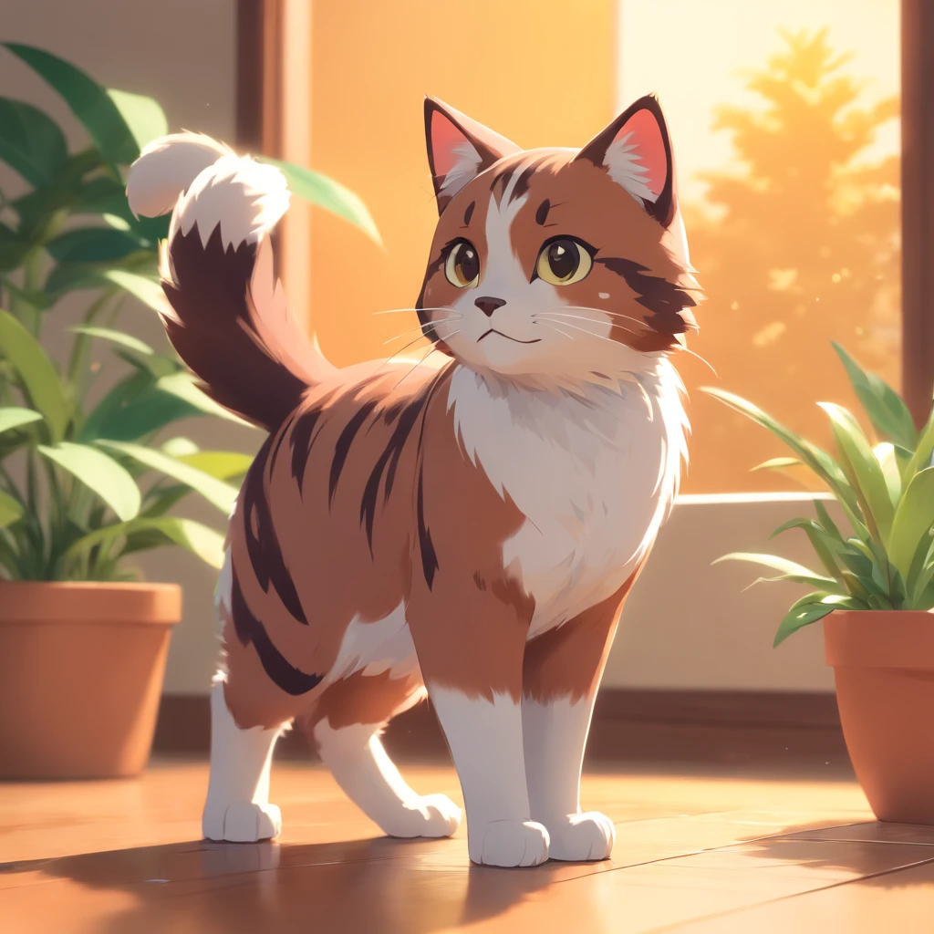 Little cute isometric cat emoji, tuxedo jack, calico cat, Fluffy and cute, standing sideways, soft and muted colors, 3d icon clay render, springtime: 120mm, 3d blender render, Trending on Polycount, modular constructivism, Orange background, physically-based renderingt, The kitten in the middle raised her hand,A smile