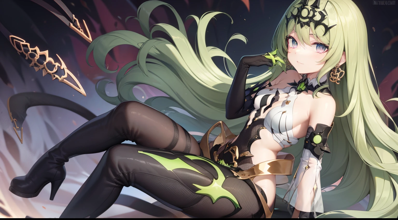 high detail, symmetrical, masterpiece, best quality, detailed eyes, mobius (honkai impact), honkai (series), honkai impact 3rd, 1girl, asymmetrical gloves, bangs, black footwear, black gloves, boots, breasts, claws, cleavage, crown, earrings, elbow gloves, fishnet thighhighs, fishnets, gloves, green hair, hair between eyes, index finger raised, jewelry, long hair, looking at viewer, small breasts, single earring, sleeveless, solo, thigh boots, thighhighs, uneven gloves, same eye colour