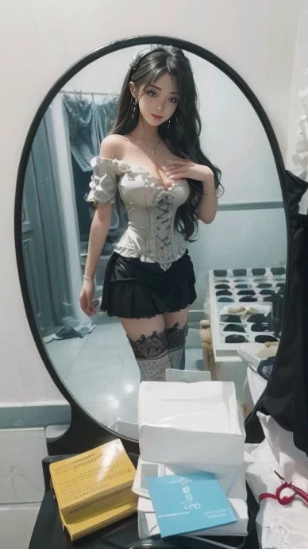 8K, masuter piece, Raw photo, Best Quality, Photorealistic, Highly detailed CG Unity 8k wallpaper, depth of fields, Professional Lighting, in the darkness nigth, Ray tracing, (Extremely beautiful face, Beautiful lips, Beautiful eyes), intricate detail face, ((Ultra detailed skin)) 1girl in, In the Dark, deepshadow, Pretty Korean girl, ((Looking at Viewer)), (seducting smile), (Blurry background), (large boob:1.5), earrings, Bracelets, Necklace, Clear eyes, Luxurious room, Front shot, (pale skin), Face forward, (Big eyes), ((upperbody shot)), (Camel toe, shape), Silvery hair, (Very decorative and intricate steam ta fashion:1.3), (Lace Flared Skirt Above the Knee Lace Stockings、Overly decorative fashion of lace off-the-shoulder), (Gothic Loliashion), ((seducting smile)), ((Camel toe)),