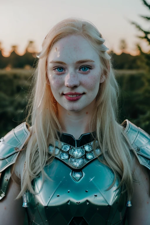 Ultra realistic photography of dbwl woman with many huge beauty marks on her natural pale white skin  ,    (medium shot:1) ,  (full body portrait:1.4), 
 (SFW),  (((wearing crystal [knight] armor) )), glowing, sparkle, upper arms,  ((in frame)),

 ((fighting stance)),   natural (  pale light blonde eyelashes) , blue eyes, medieval background,
 detailed Natural pale white skin  with (many huge round beauty marks) , smile, light pale blonde eyebrows,
 happy, clean cheeks,
detailed, natural light blonde,  outdoors, sunny, high resolution, photograph, RAW photo, crystal4rmor, [[sexy]]