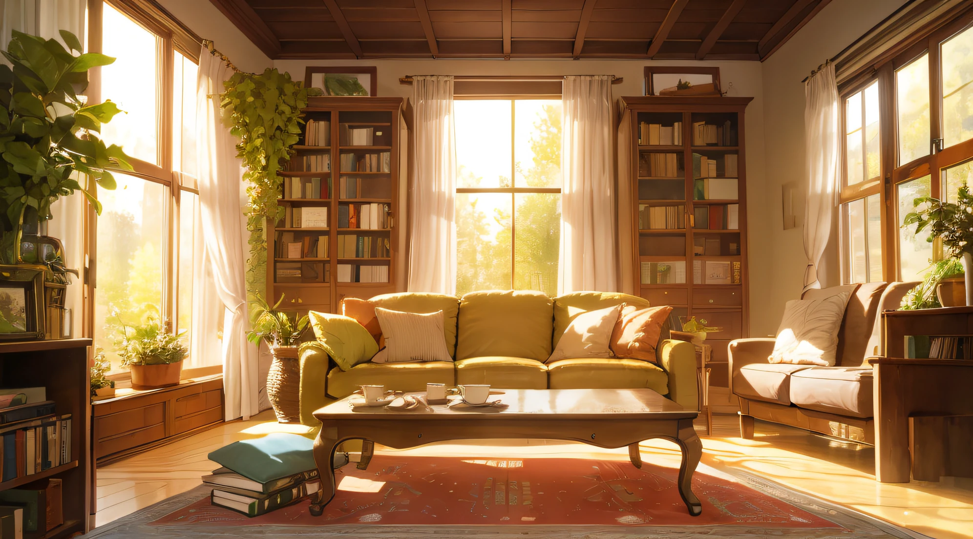 cozy living room,janelas,sofe,book case,Tea table,greenery,carpets,rays of sunshine